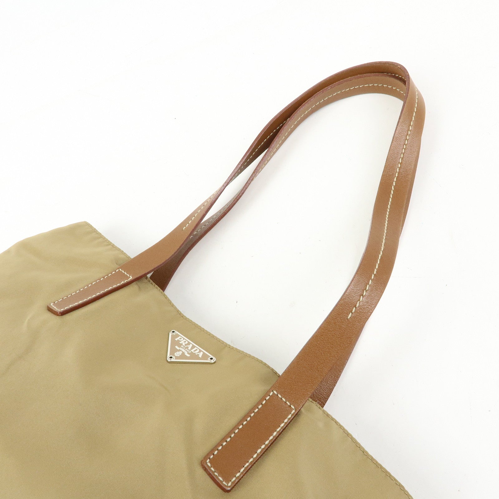 PRADA Triangle Logo Nylon Tote Bag Hand Bag Khaki Beige Brown