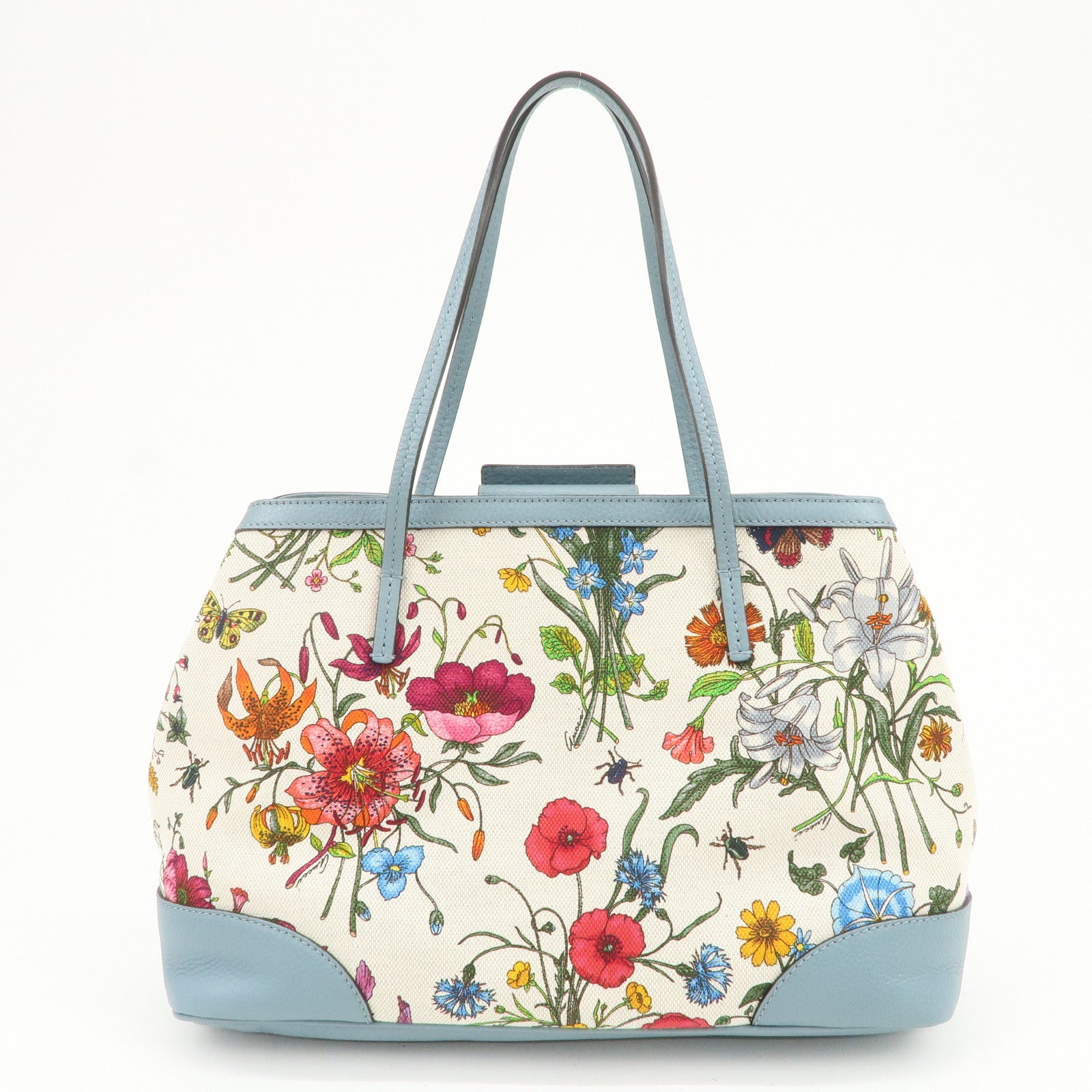 GUCCI Flora Canvas Leather Tote Bag Hand Bag Natural Blue 358470