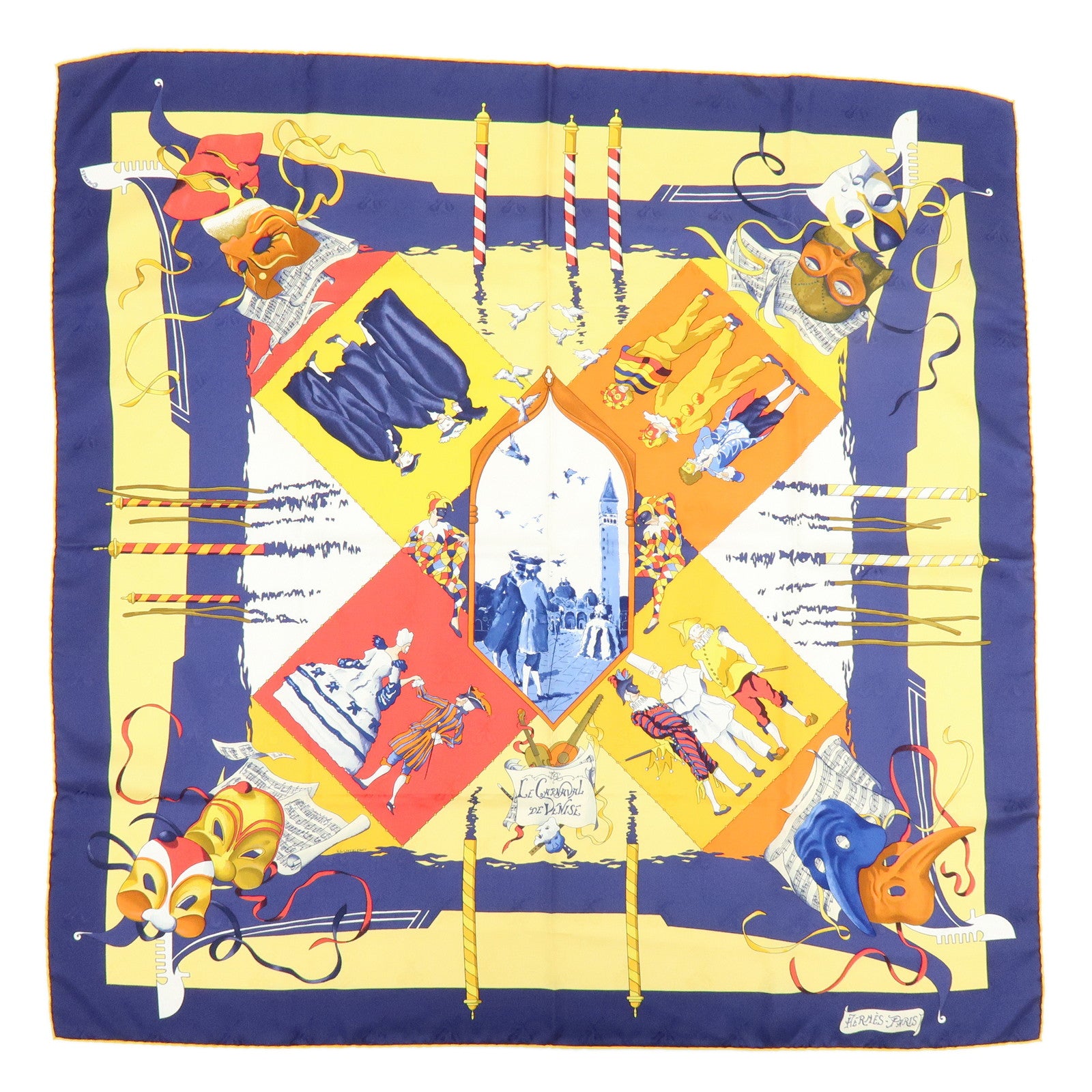 HERMES Carre 90 Silk 100% Scarf LE CARNAVAL DE VENISE Yellow Navy