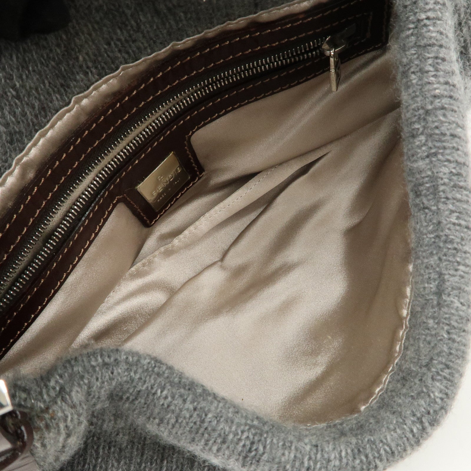 FENDI Mamma Baguette Wool Leather Shoulder Bag Brown Gray 26424