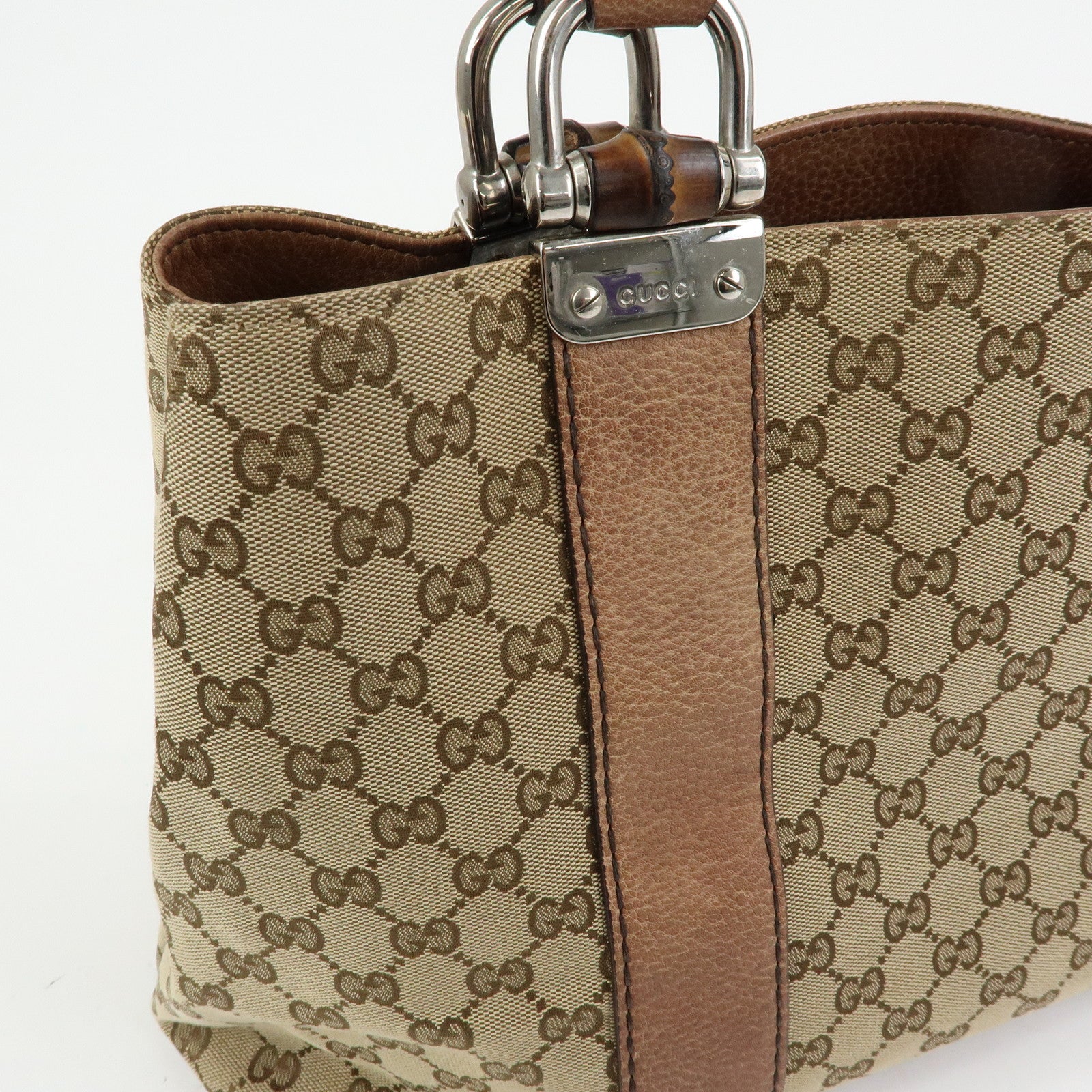 GUCCI Bamboo GG Canvas Leather Tote Bag Hand Bag Beige Brown 232947