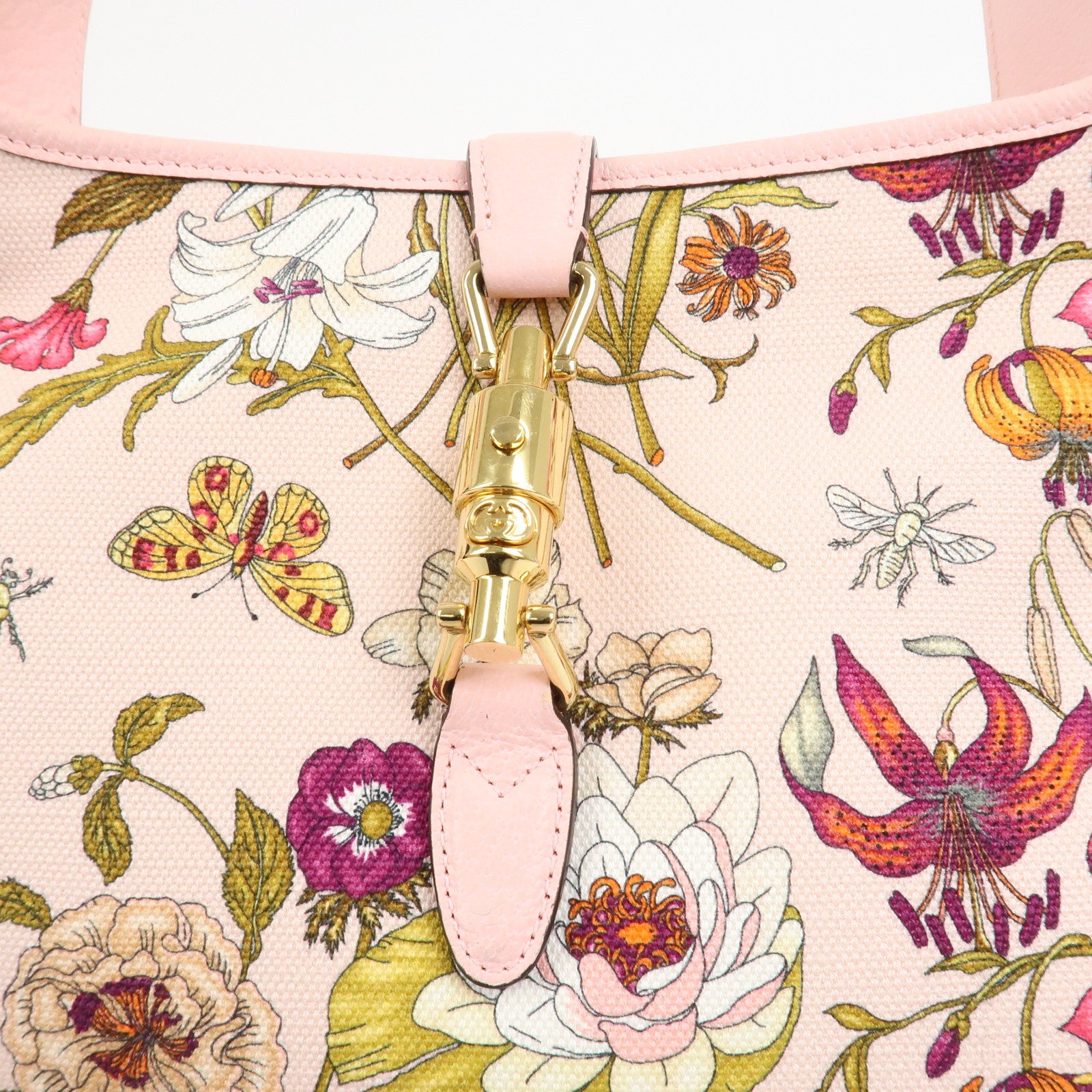 GUCCI New Jackie Flora Canvas Leather Shoulder Bag Hand Bag Pink 550152