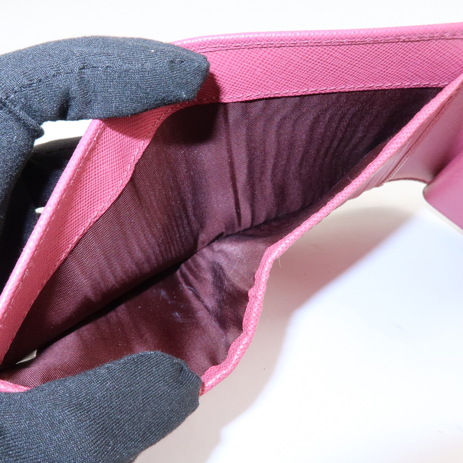 PRADA Logo Saffiano Leather Tri-fold Compact Wallet Pink 1M0176 Used