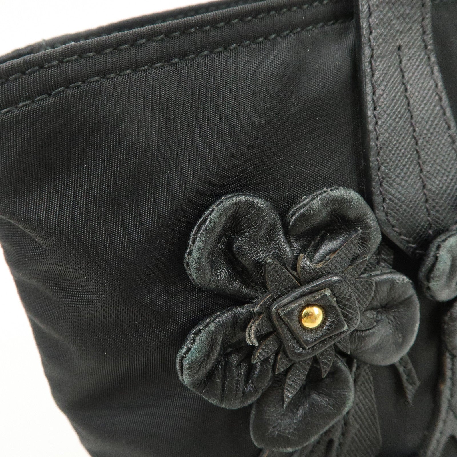 PRADA Nylon Leather Hand Bag Black Gold Hardware 1BA084