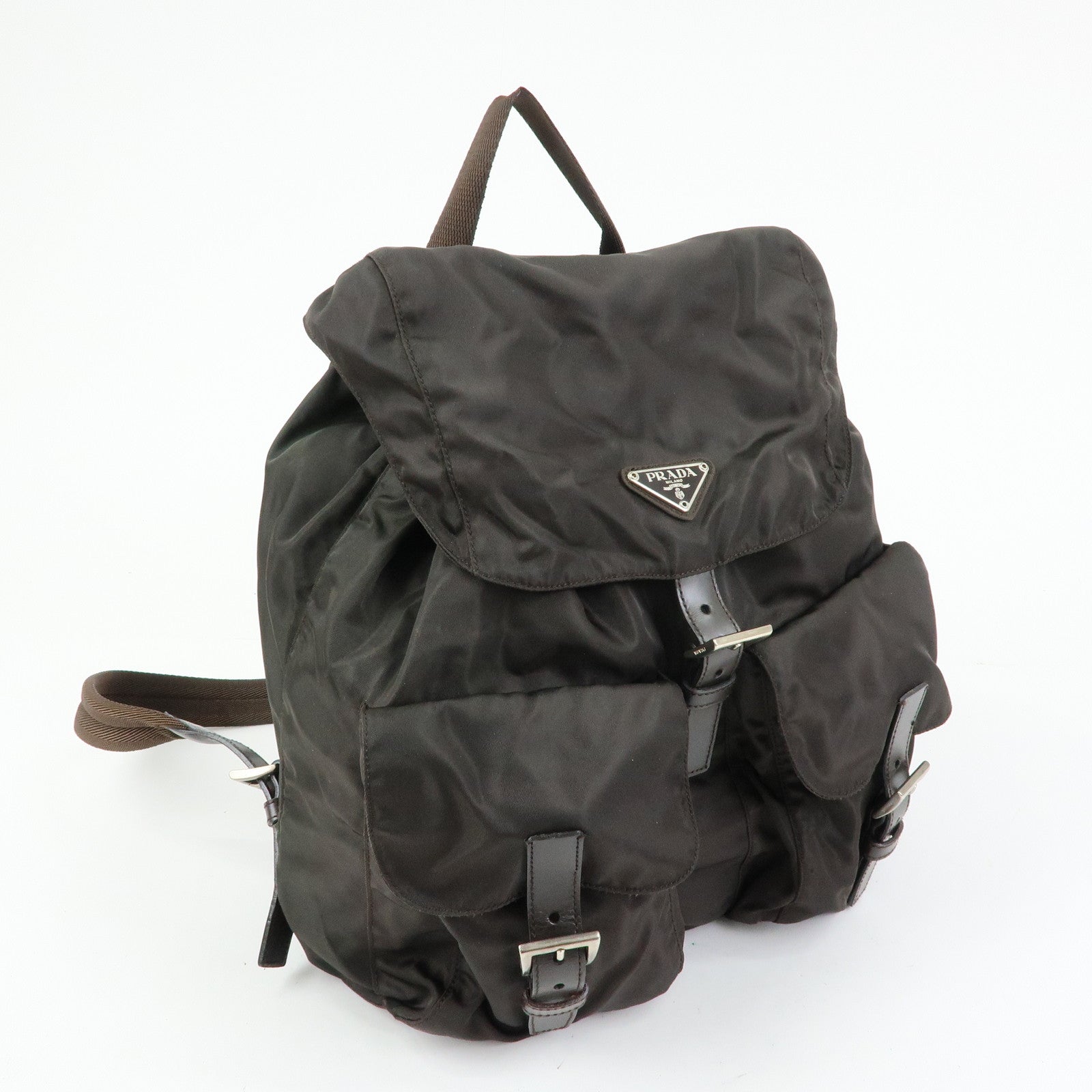 PRADA Triangle Logo Nylon Leather Backpack Rucksack Brown B2811