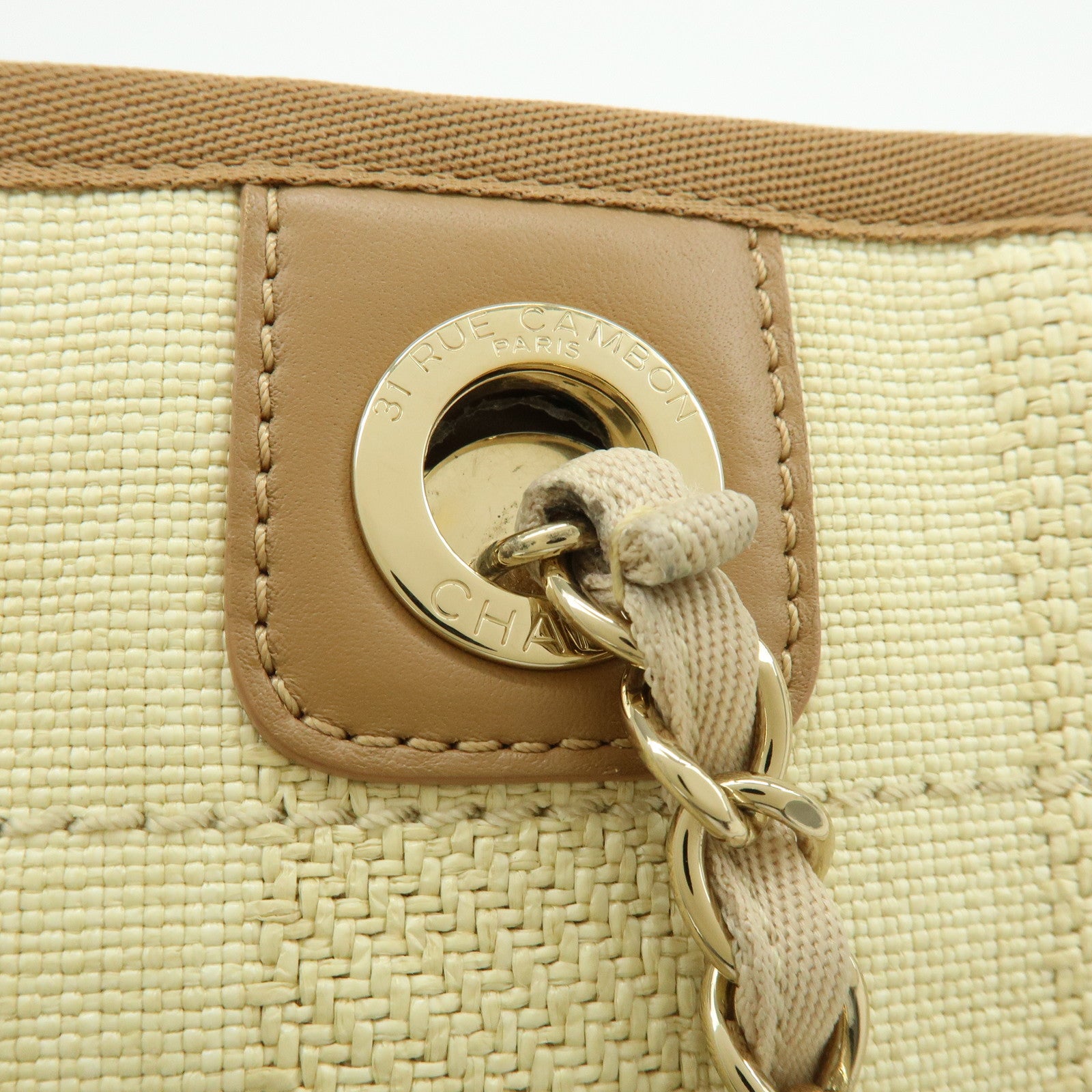 CHANEL Deauville MM Straw Leather Tote Shoulder Bag Beige A67001