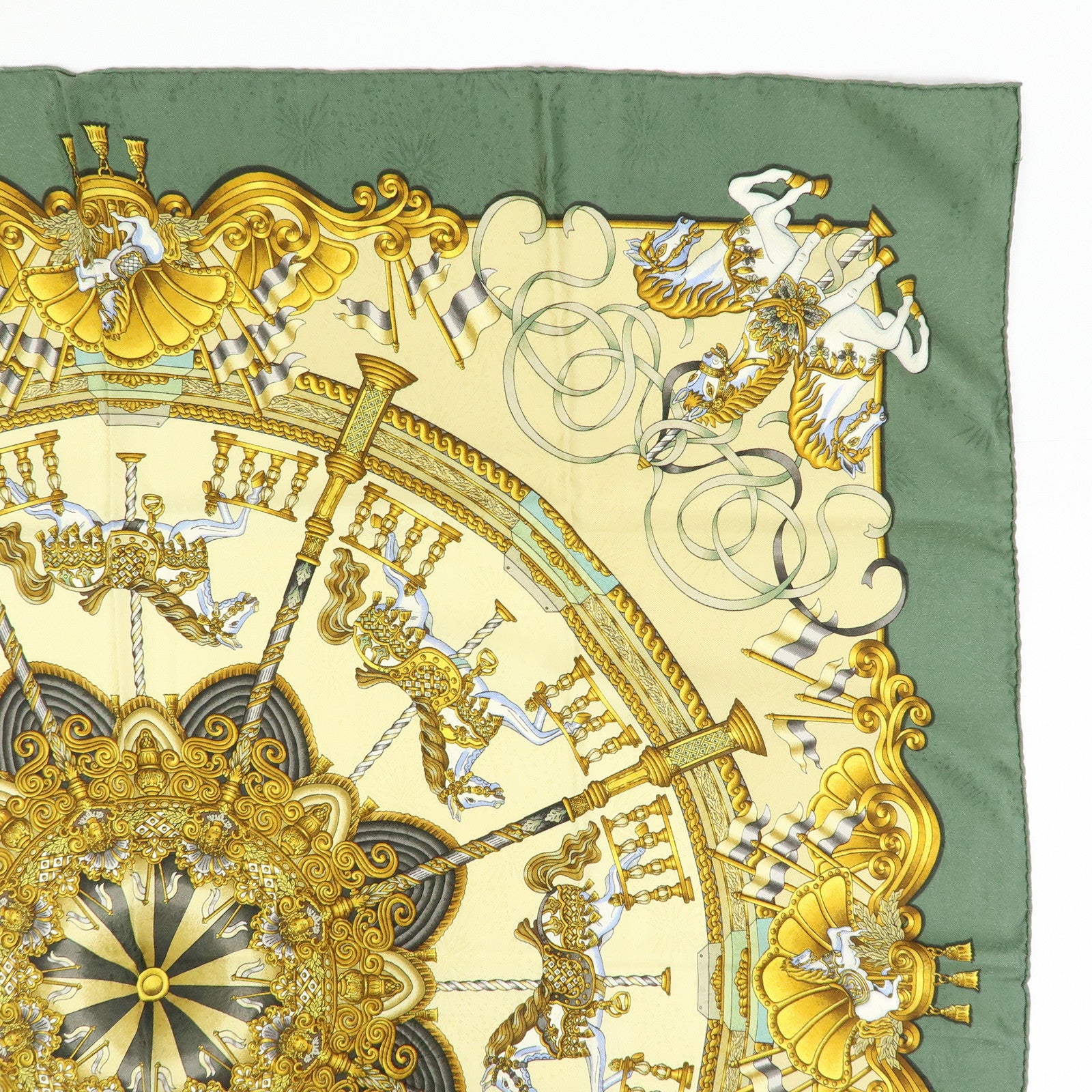 HERMES Carre 90 Silk 100% Scarf LUNA PARK Carousel Print Gold Green