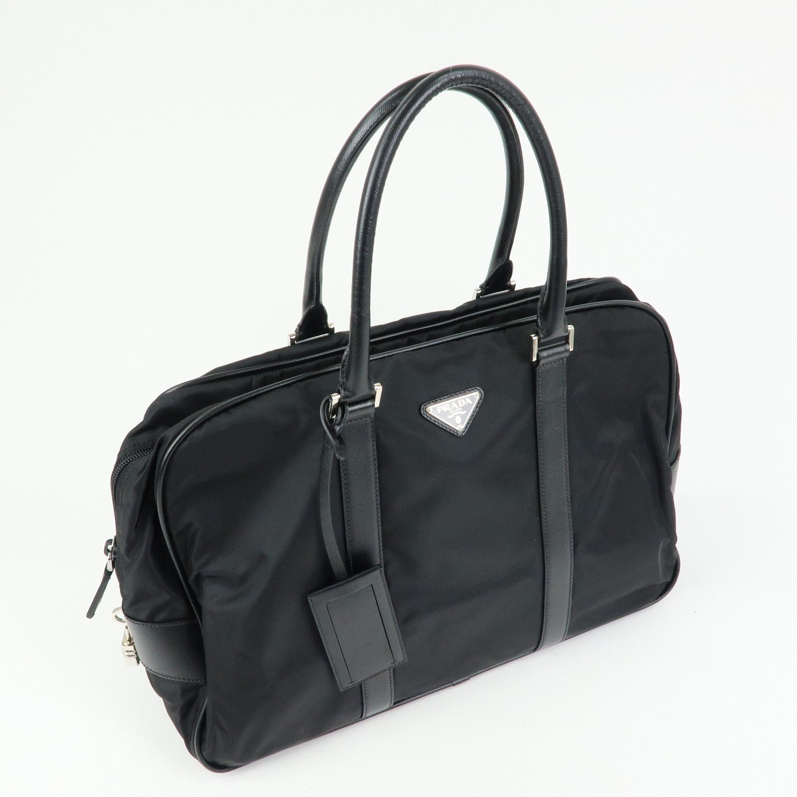 PRADA Triangle Logo Nylon Saffiano Leather Boston Bag Black VS0069