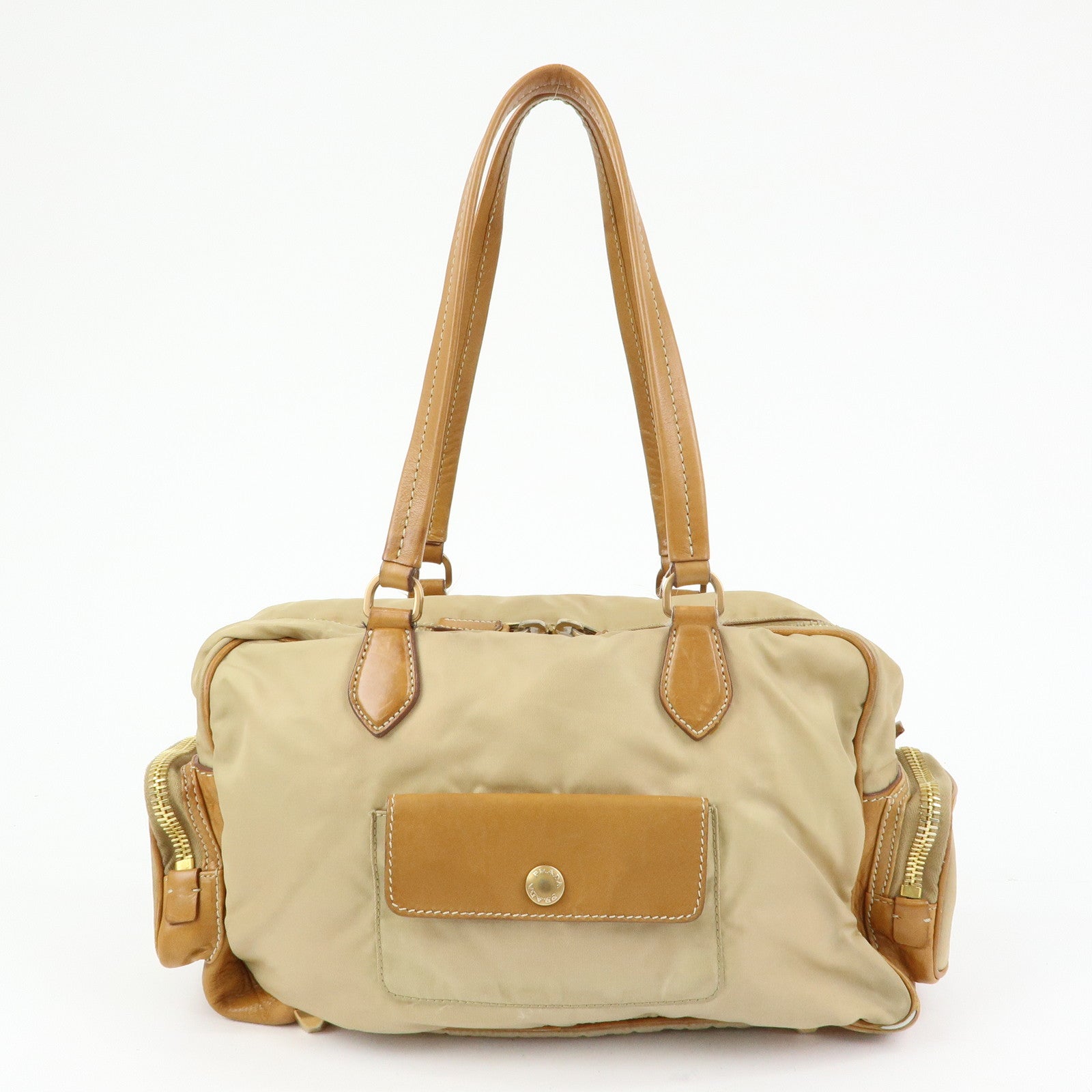 PRADA Triangle Logo Nylon Leather Shoulder Hand Bag Beige Brown