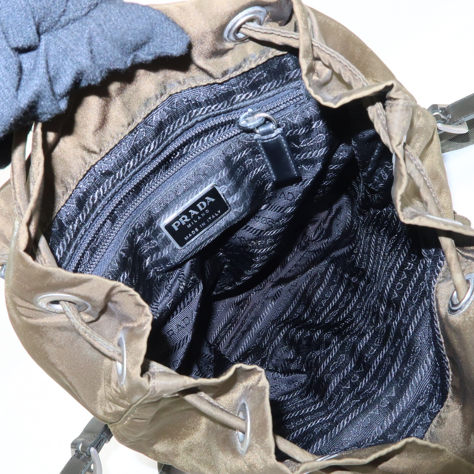 PRADA Triangle Logo Nylon Leather Backpack Ruck Sack Khaki B6677 Used
