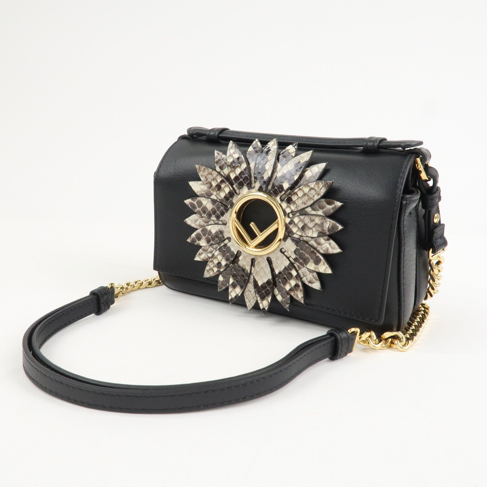 FENDI Leather Double Micro Baguette Shoulder Hand Bag Black 8M0371