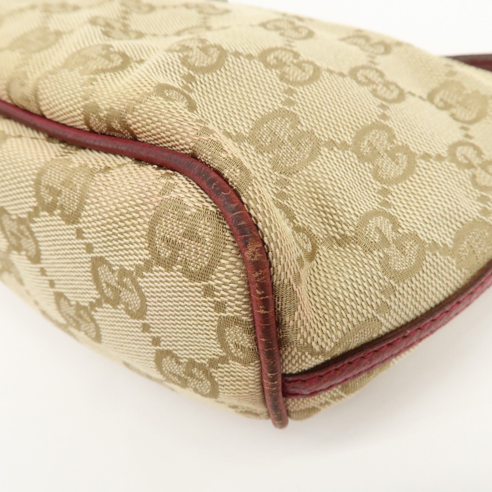 GUCCI Boat Bag GG Canvas Leather Hand Bag Pouch Beige Red 07198