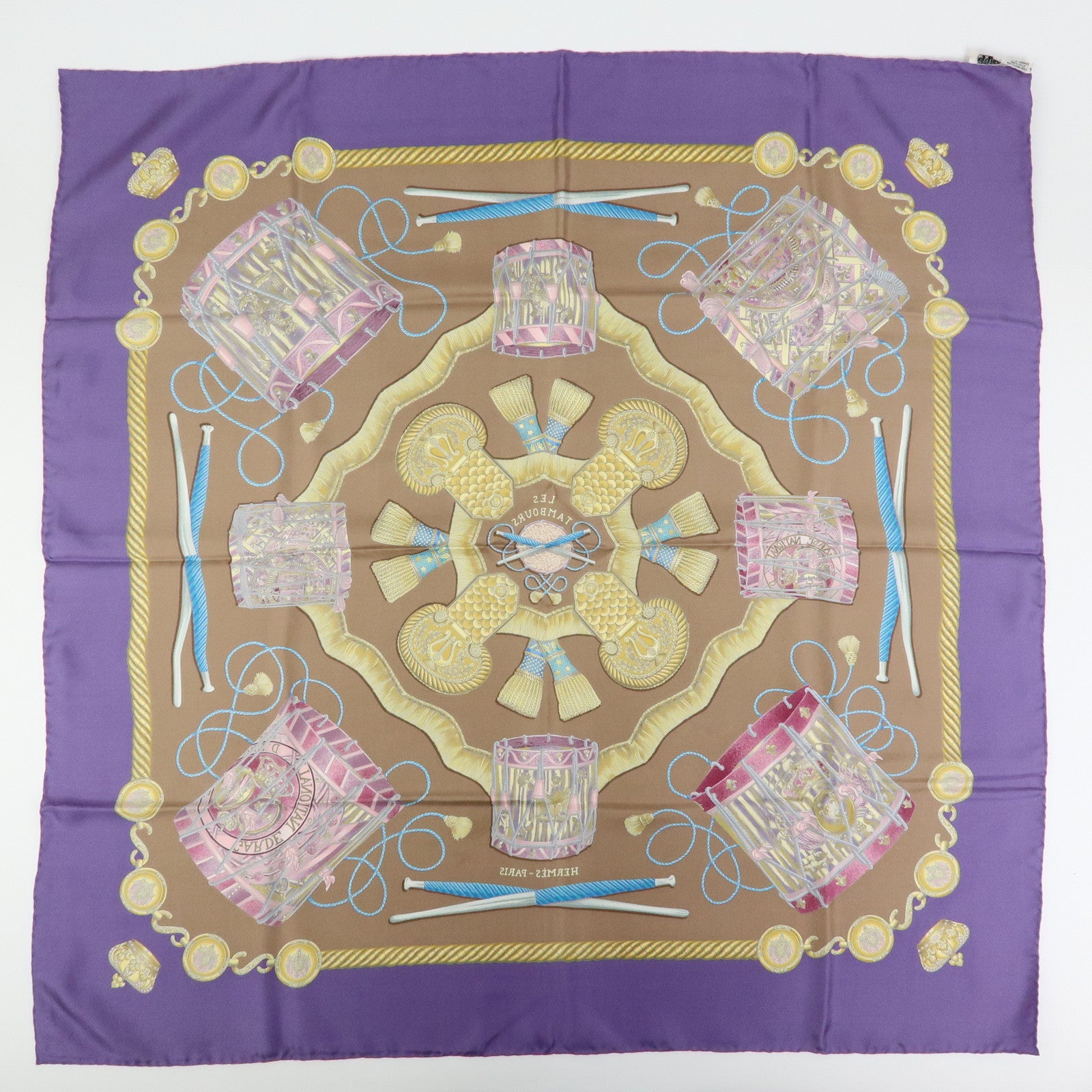 HERMES Carre 45 Silk 100% Scarf LES TAMBOURS Purple Pink Beige