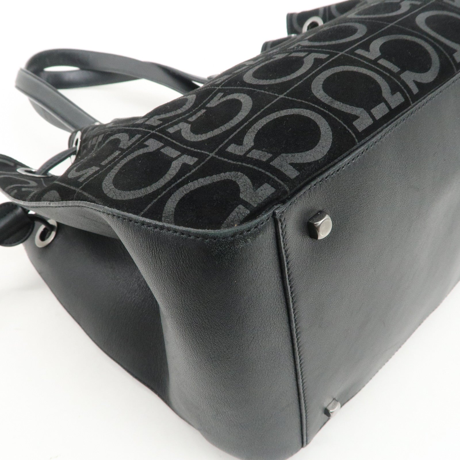Ferragamo Gancini Leather Suede Shoulder Bag Hand Bag Black