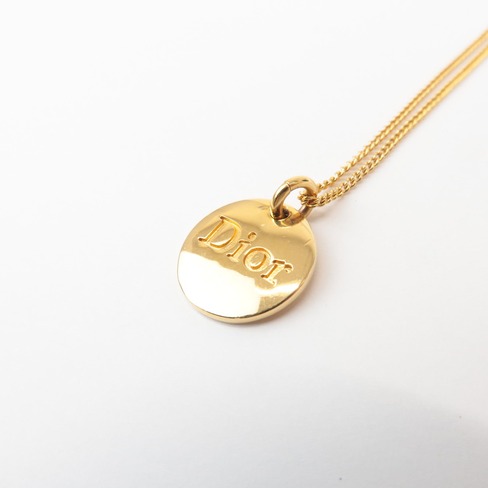 Christian Dior Metal Circle Plate Logo Necklace Gold