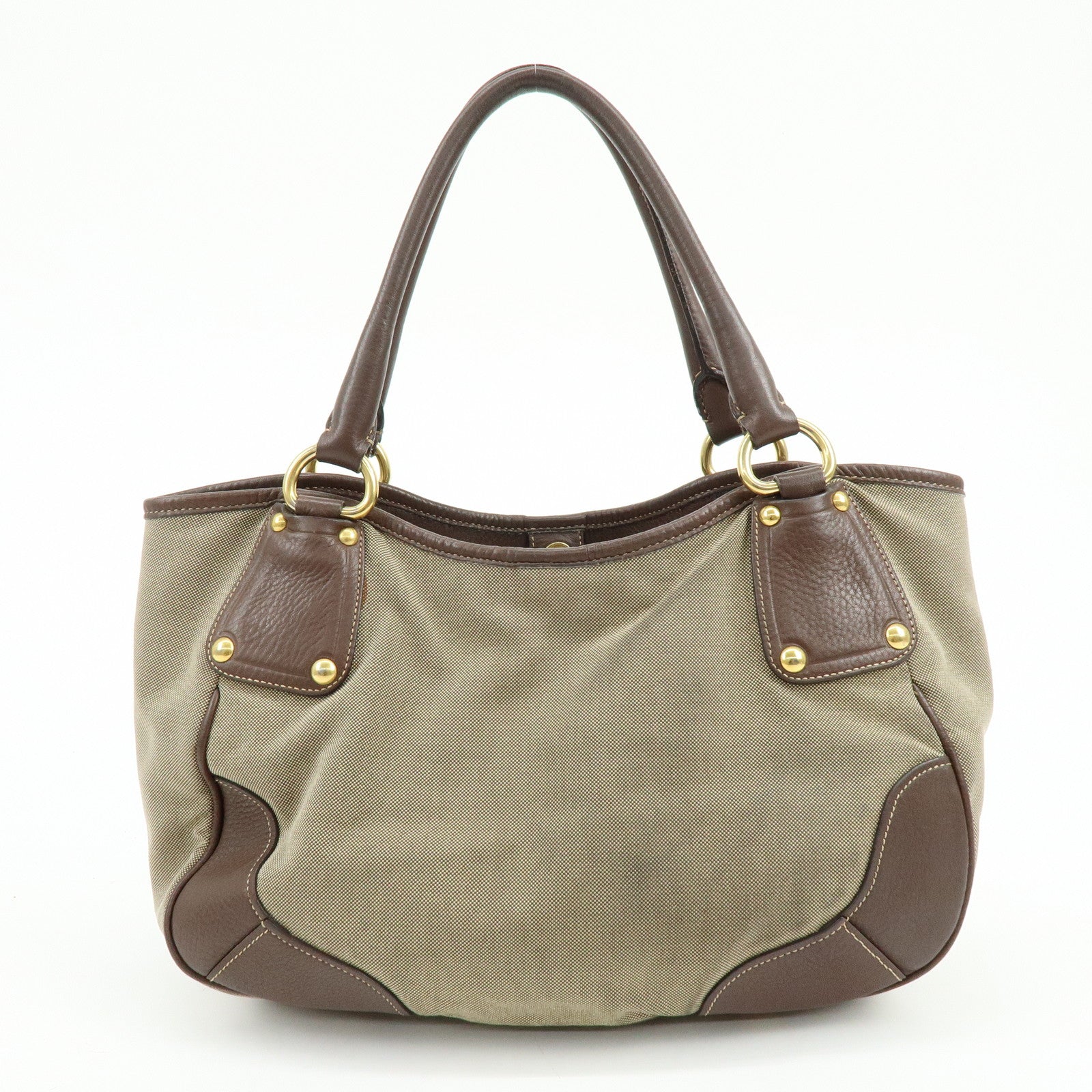 PRADA Logo Jacquard Leather Tote Bag Hand Bag Beige Brown