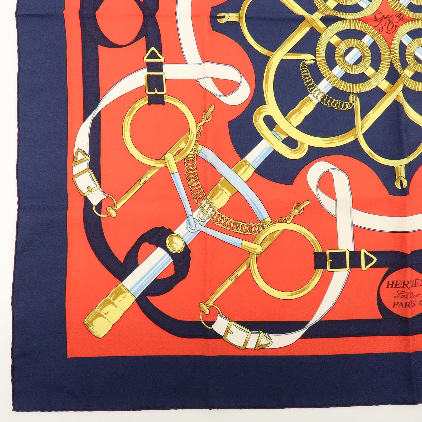 HERMES Carre 90 Silk 100% Eperon d'or Scarf Navy Red