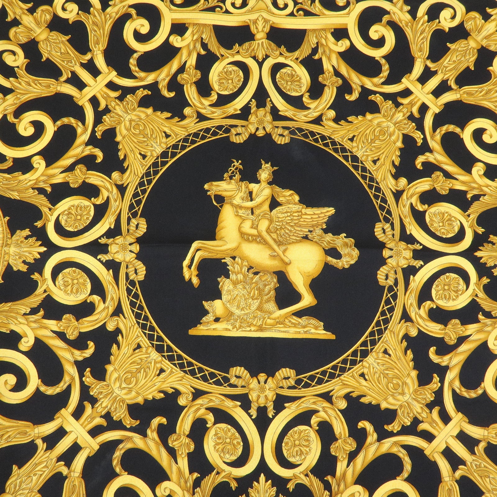 HERMES Carre 90 Silk 100% Scarf LES TUILERIES Black Gold