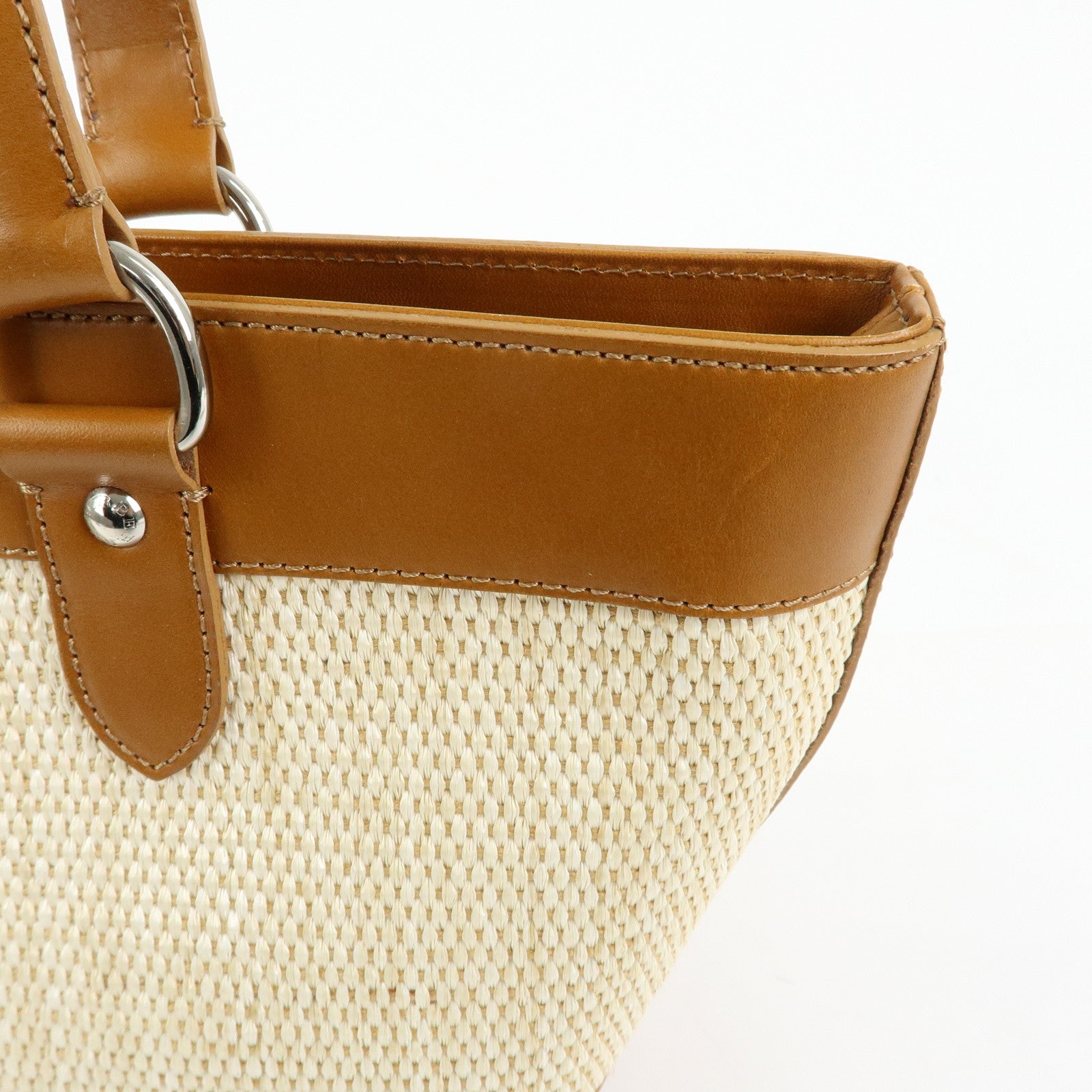 BURBERRY Straw Canvas Leather Tote Bag Shoulder Bag Natural Brown