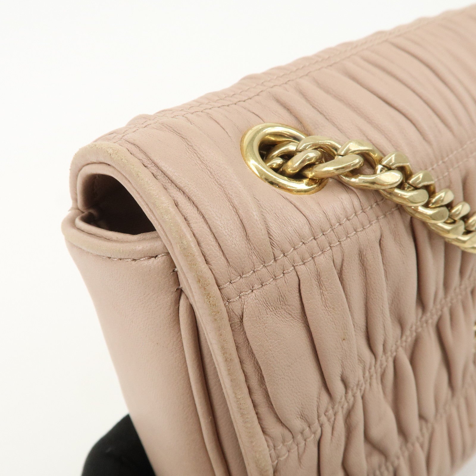 PRADA Logo Leather Gathered Chain Shoulder Bag Pink Beige 1BD147