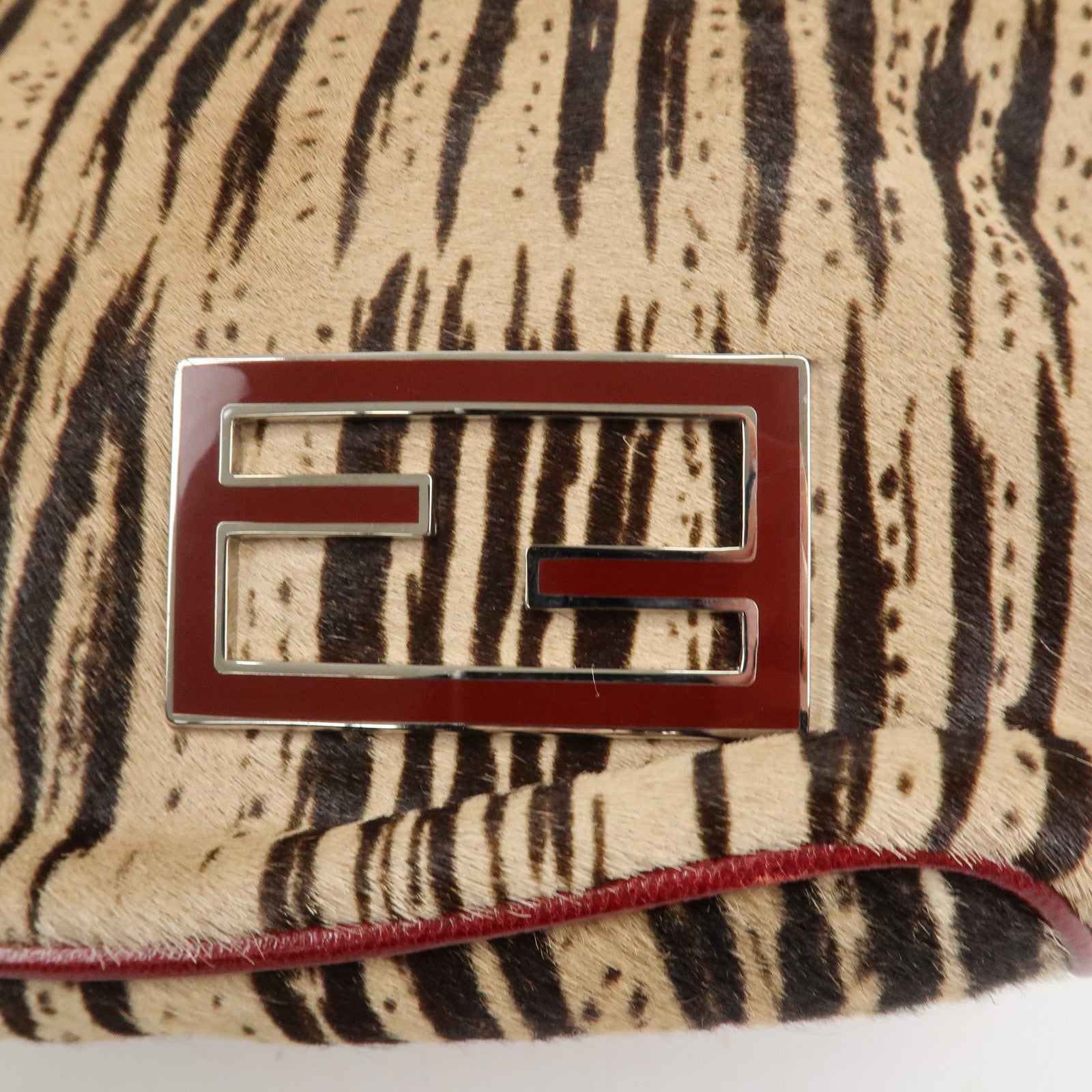 FENDI Leather Unborn Calf Tote Bag Hand Bag Zebra Brown Red Used
