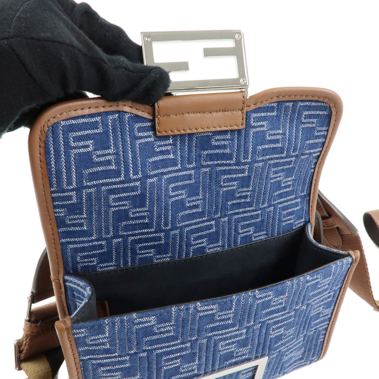 FENDI Zucca Canvas Leather Shoulder Bag Double Bucket Blue 7VA649