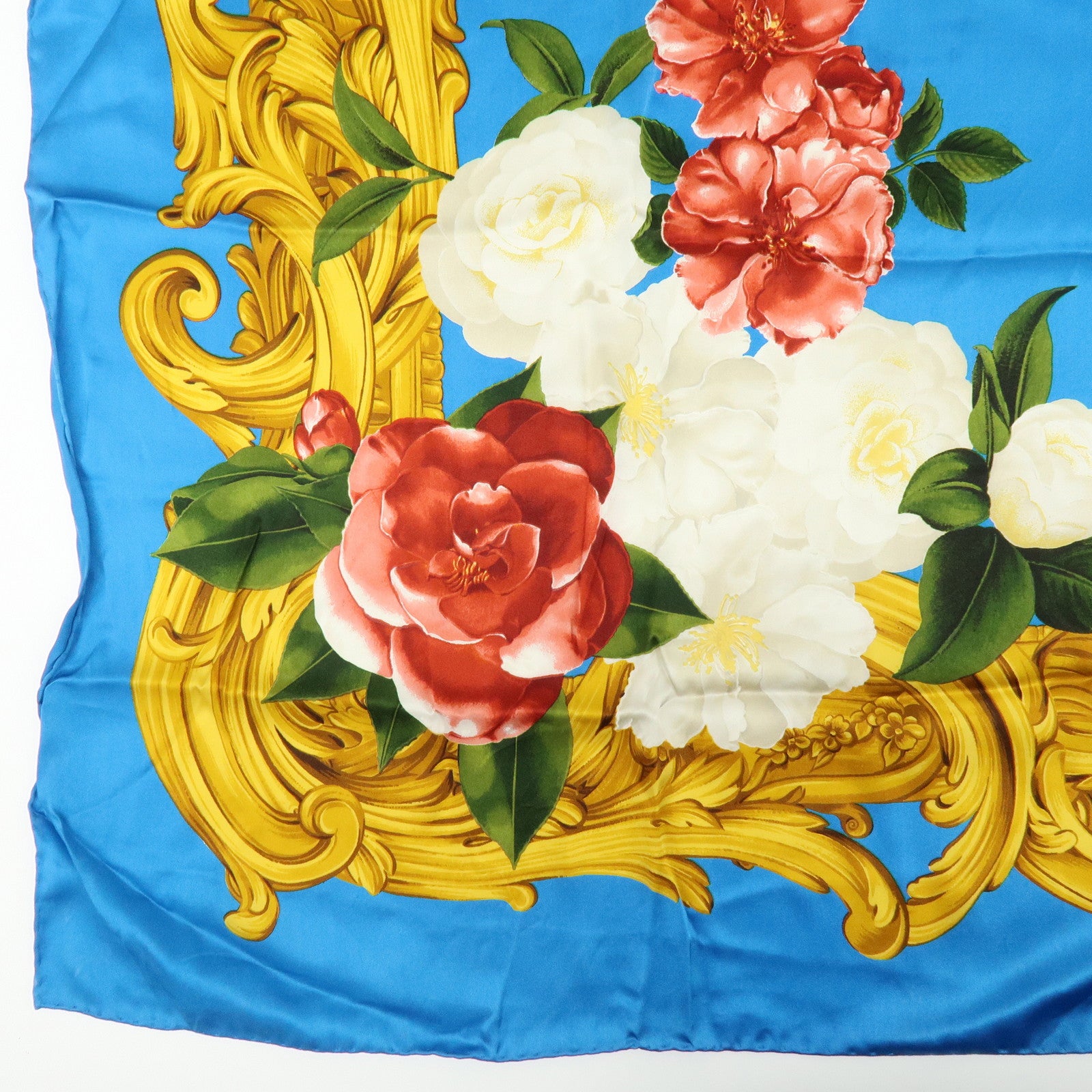 CHANEL Silk 100% Scarf Camellia Flower Motif Blue Gold Red