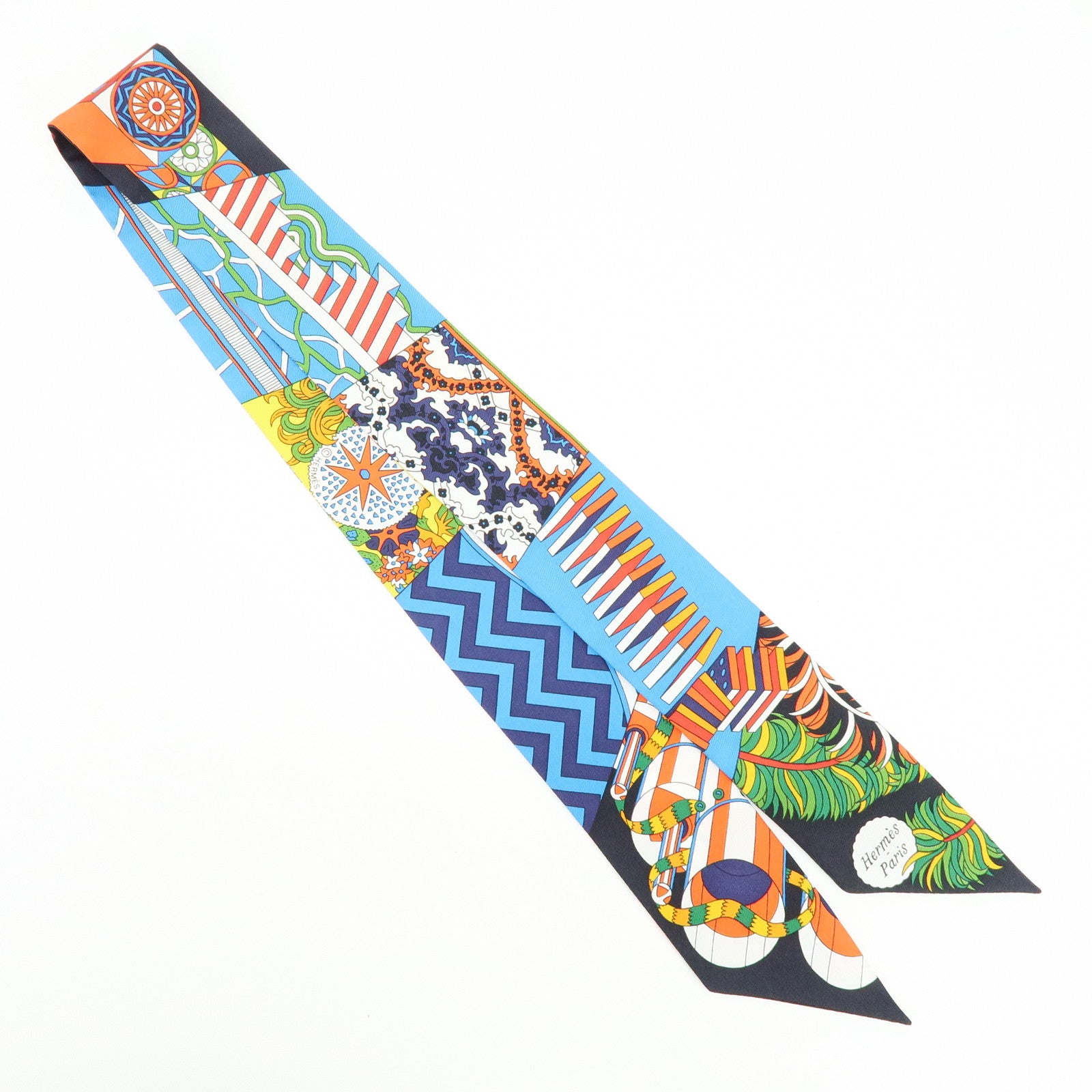 HERMES Twilly Silk 100% Scarf De l'Ombrelle aux Duels Vieux Blue