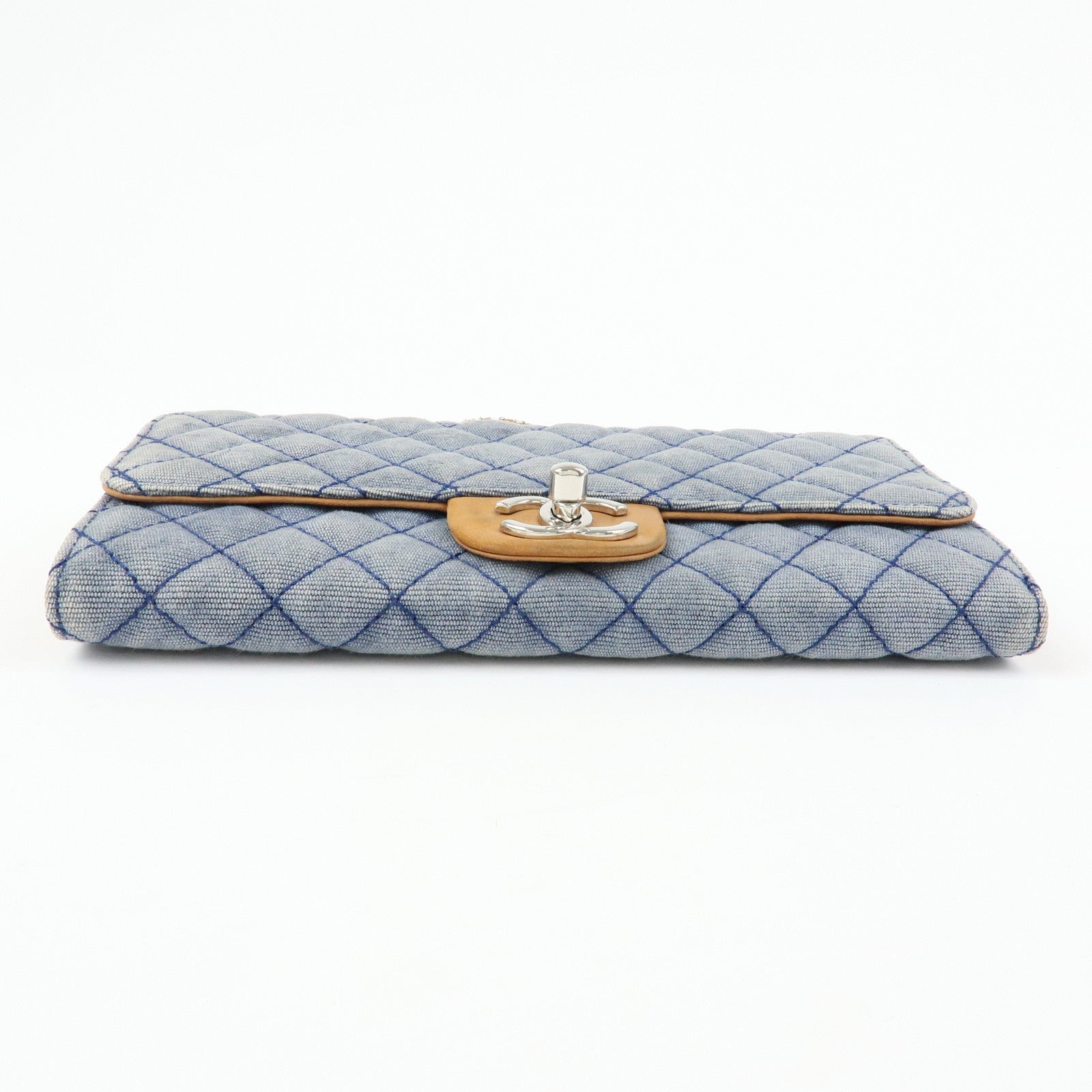 CHANEL Matelasse Denim Leather Chain Shoulder Bag Blue Light Brown