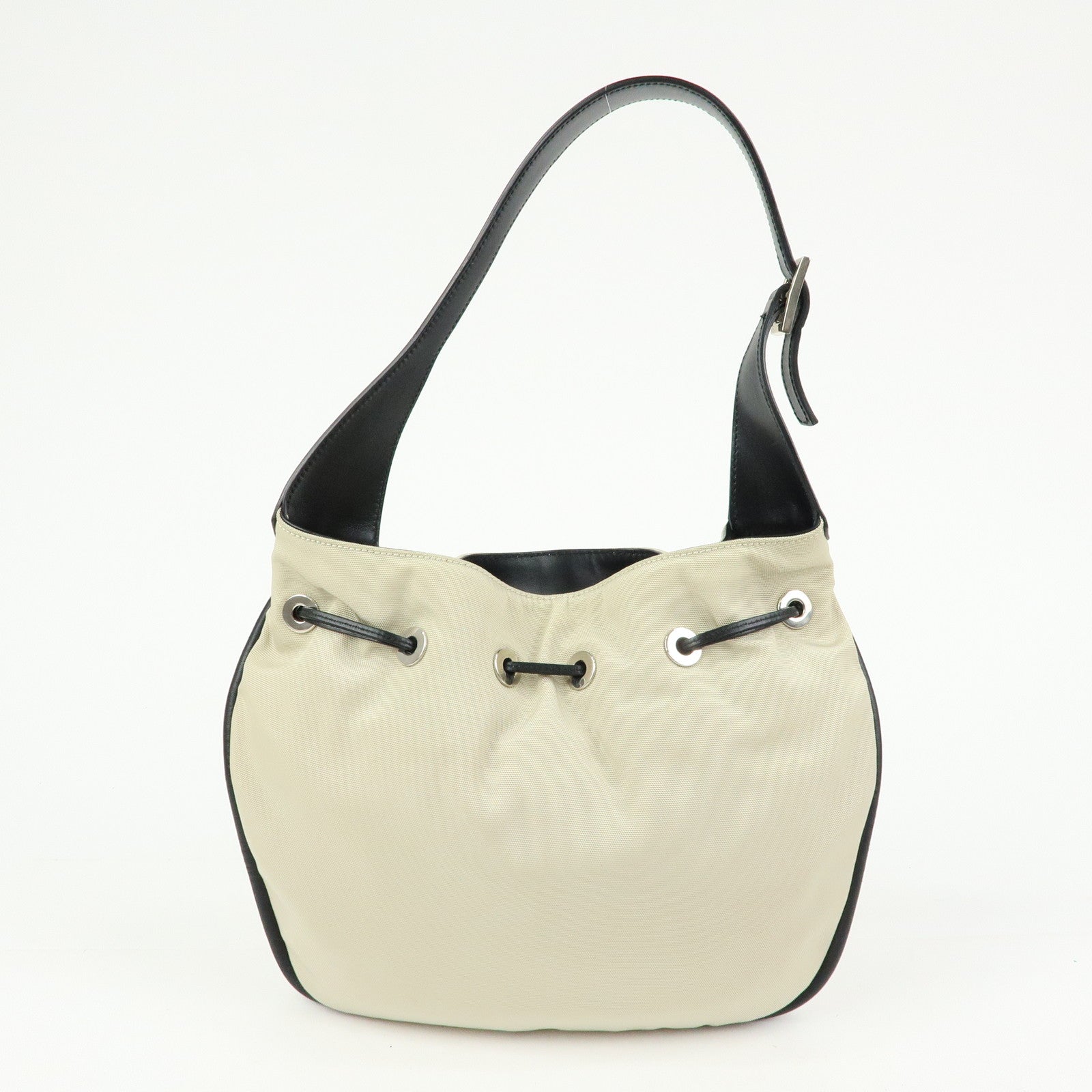 GUCCI Nylon Leather Drawstring Shoulder Bag Beige Black 001.4034