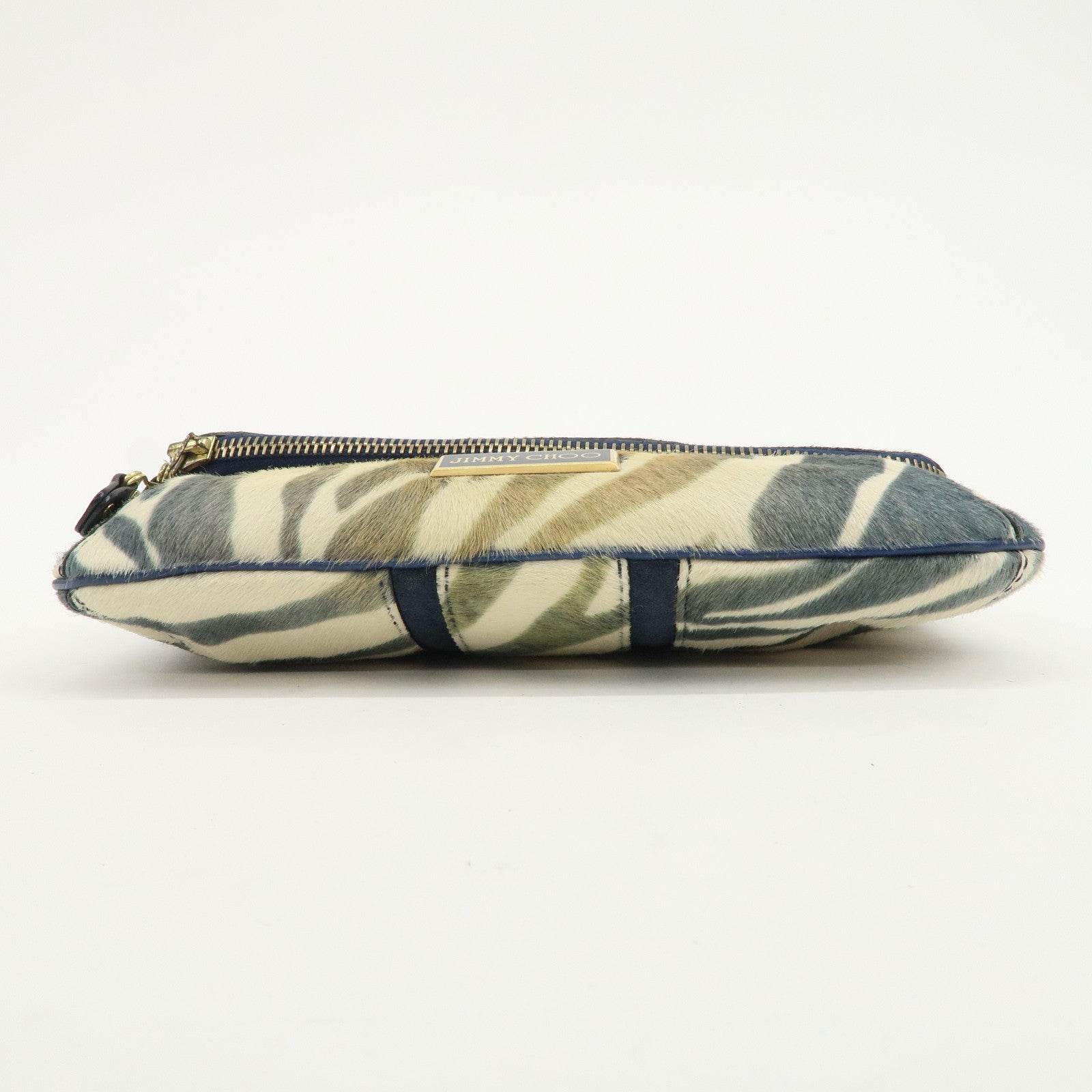 JIMMY CHOO Unborn Calf Clutch Bag Wristlet Pouch Zebra Navy