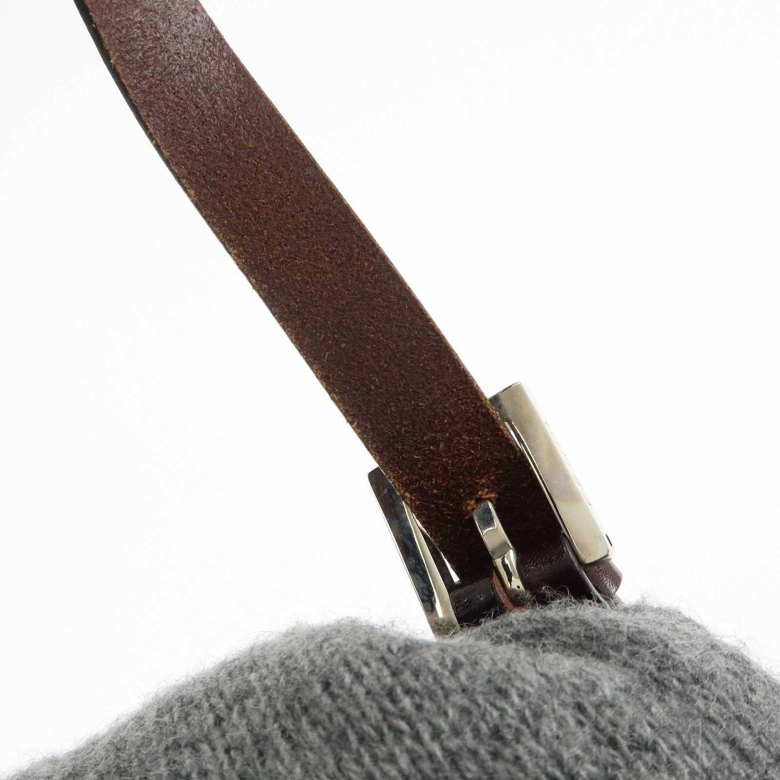 FENDI Mamma Baguette Wool Leather Shoulder Bag Grey Brown 26325