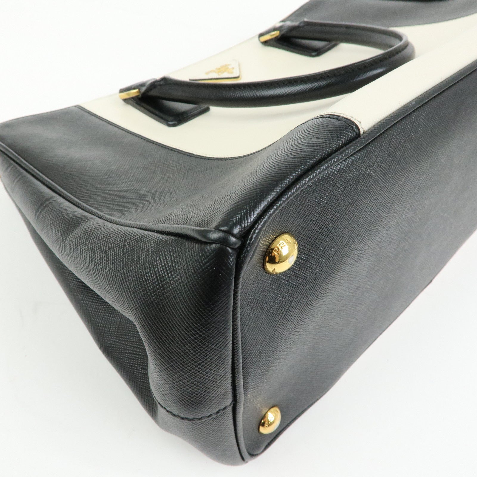 PRADA Triangle Logo Saffiano Leather Hand Bag Tote Bag Ivory Black