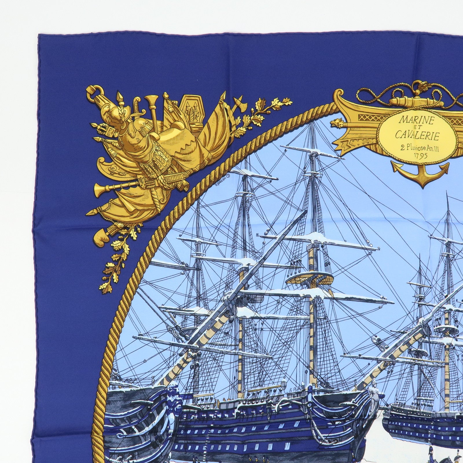 HERMES Carre 90 Silk 100% MARINE ET CAVALERIE Scarf