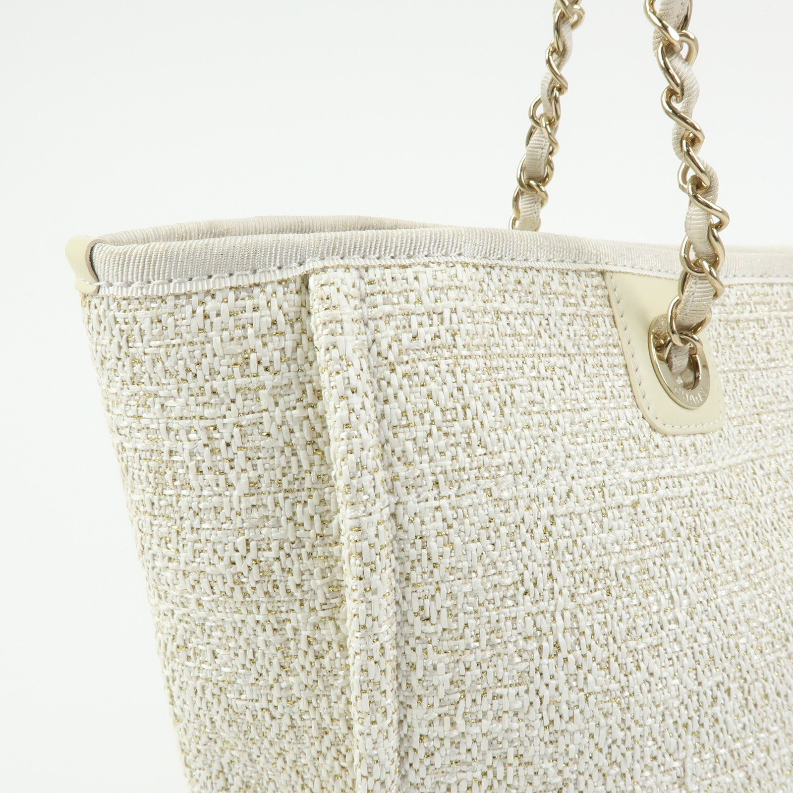 CHANEL Deauville MM Straw Leather Tote Shoulder Bag White A67001