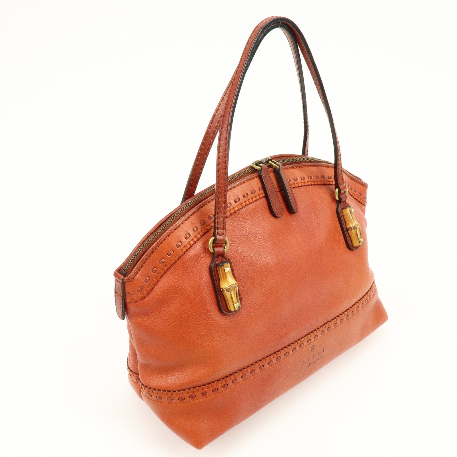 GUCCI Bamboo Laidback Crafty Leather Tote Hand Bag Orange 339002