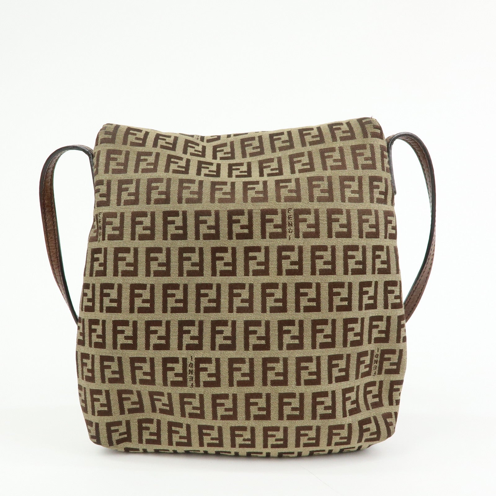 FENDI Zucchino Canvas Leather Shoulder Crossbody Bag Brown 8BT075
