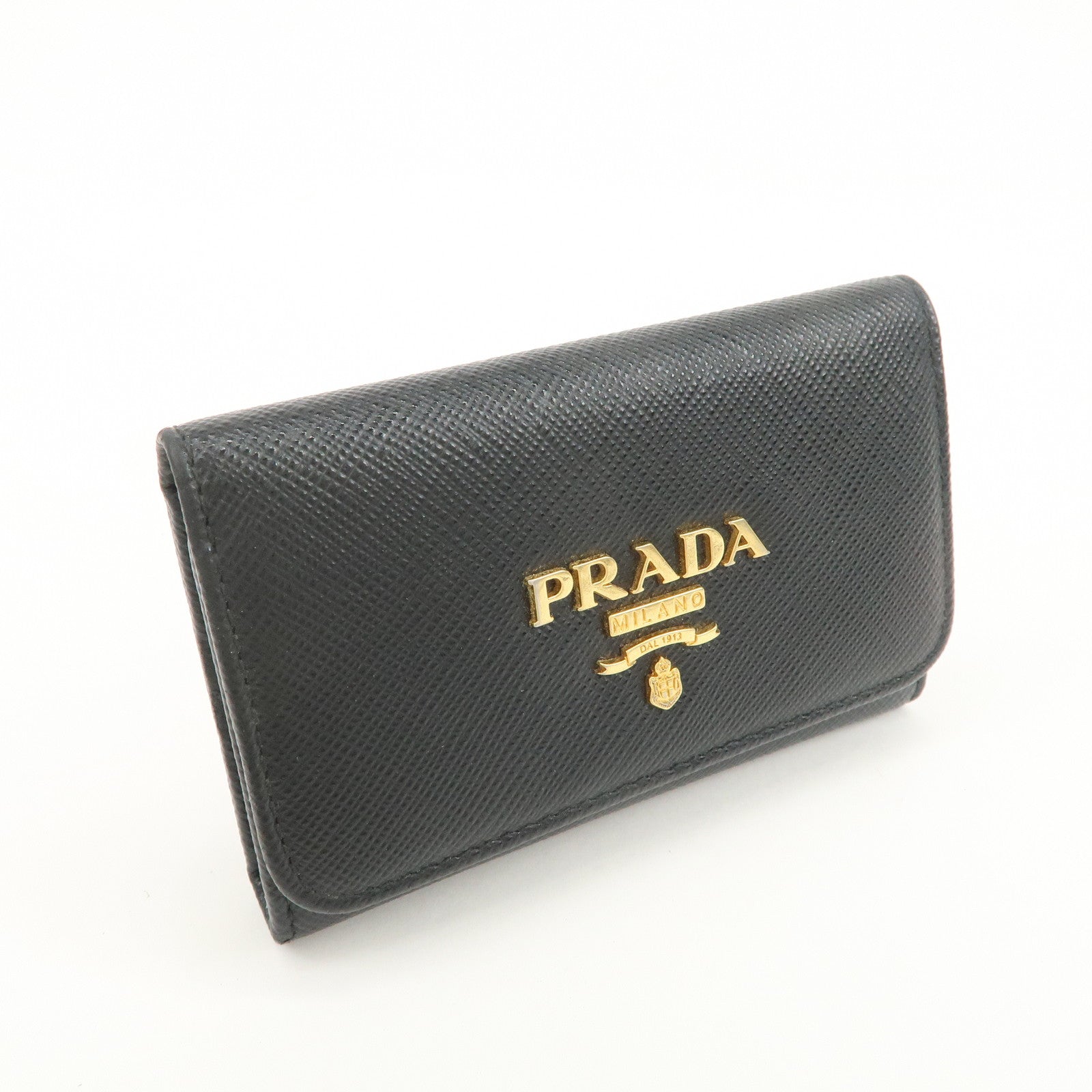 PRADA Logo Saffiano Leather Key Case Key Holder Black