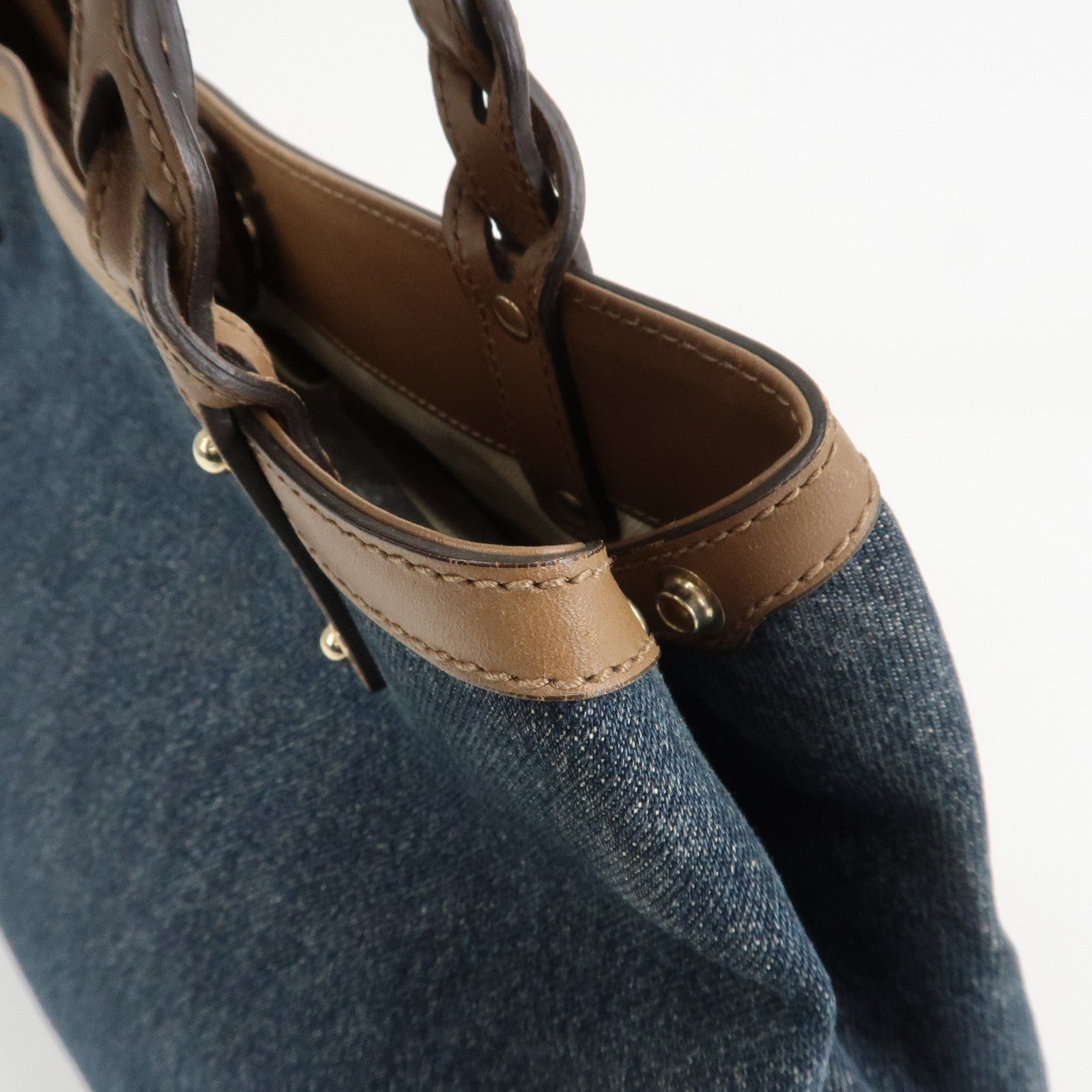 GUCCI Craft Denim Leather Tote Bag Hand Bag Navy Brown 348715