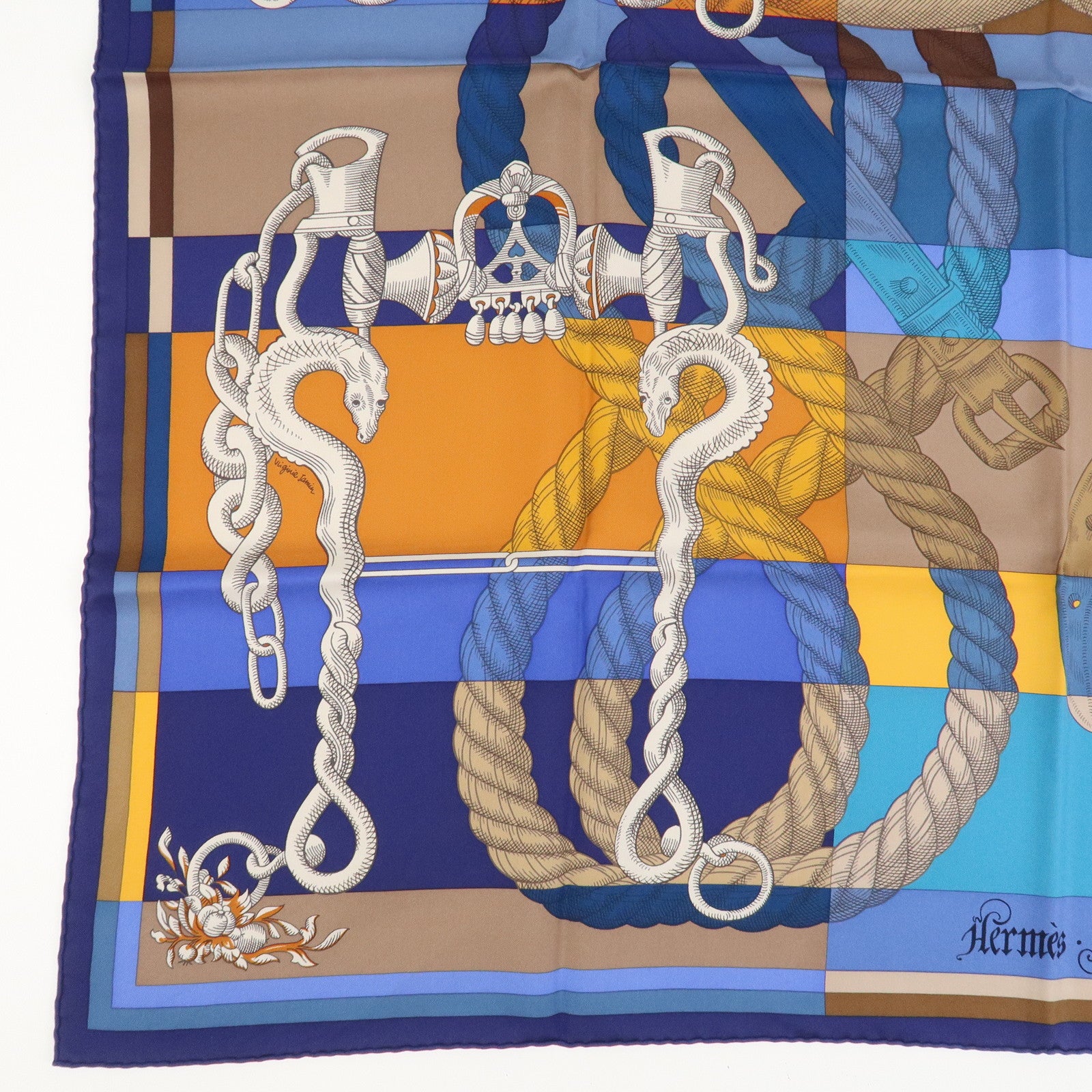 HERMES Carre 90 Silk 100% Scarf DELLA CAVALLERIA Blue Brown