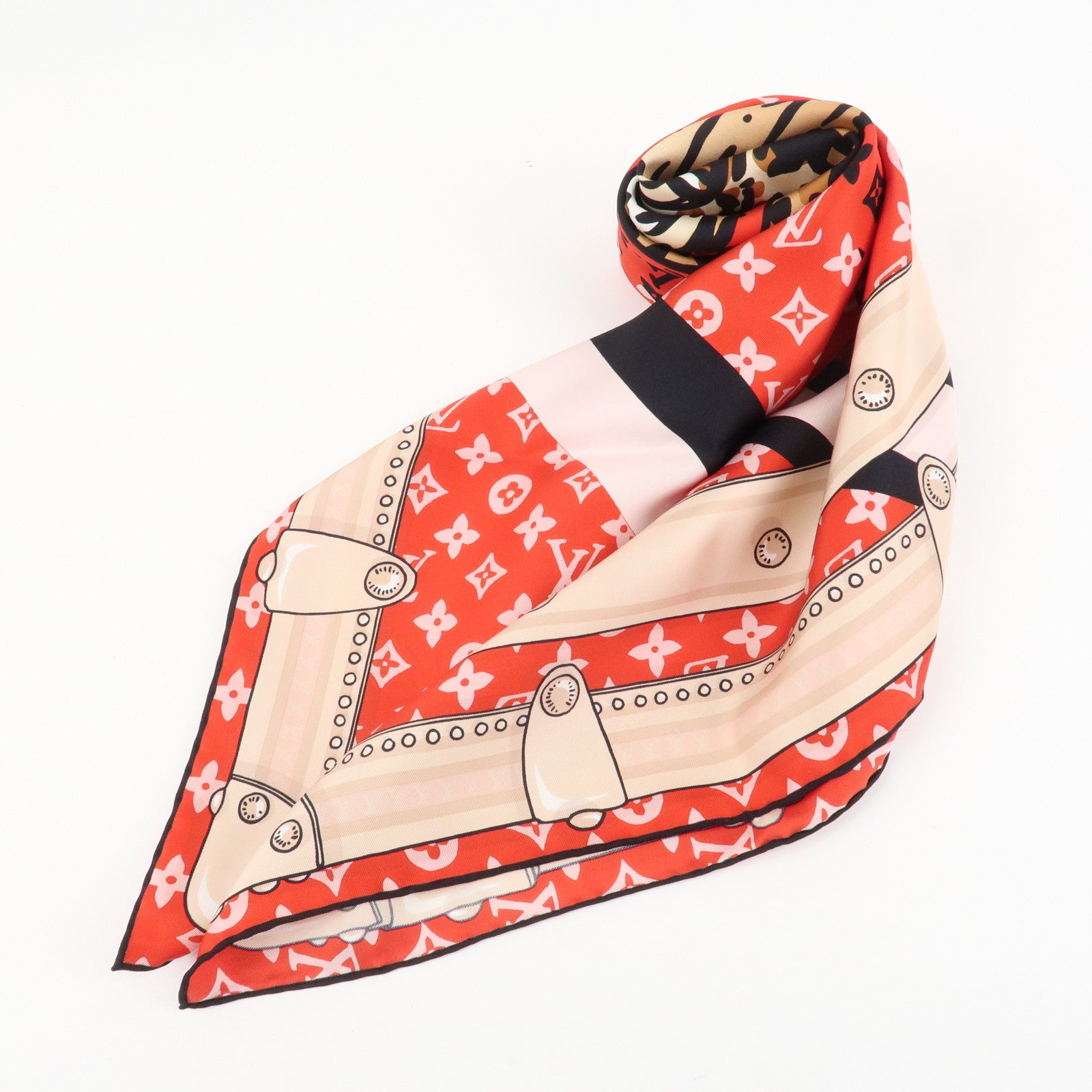 Louis Vuitton Monogram Carre Animal Silk 100% Scarf Red Beige M70693 Used