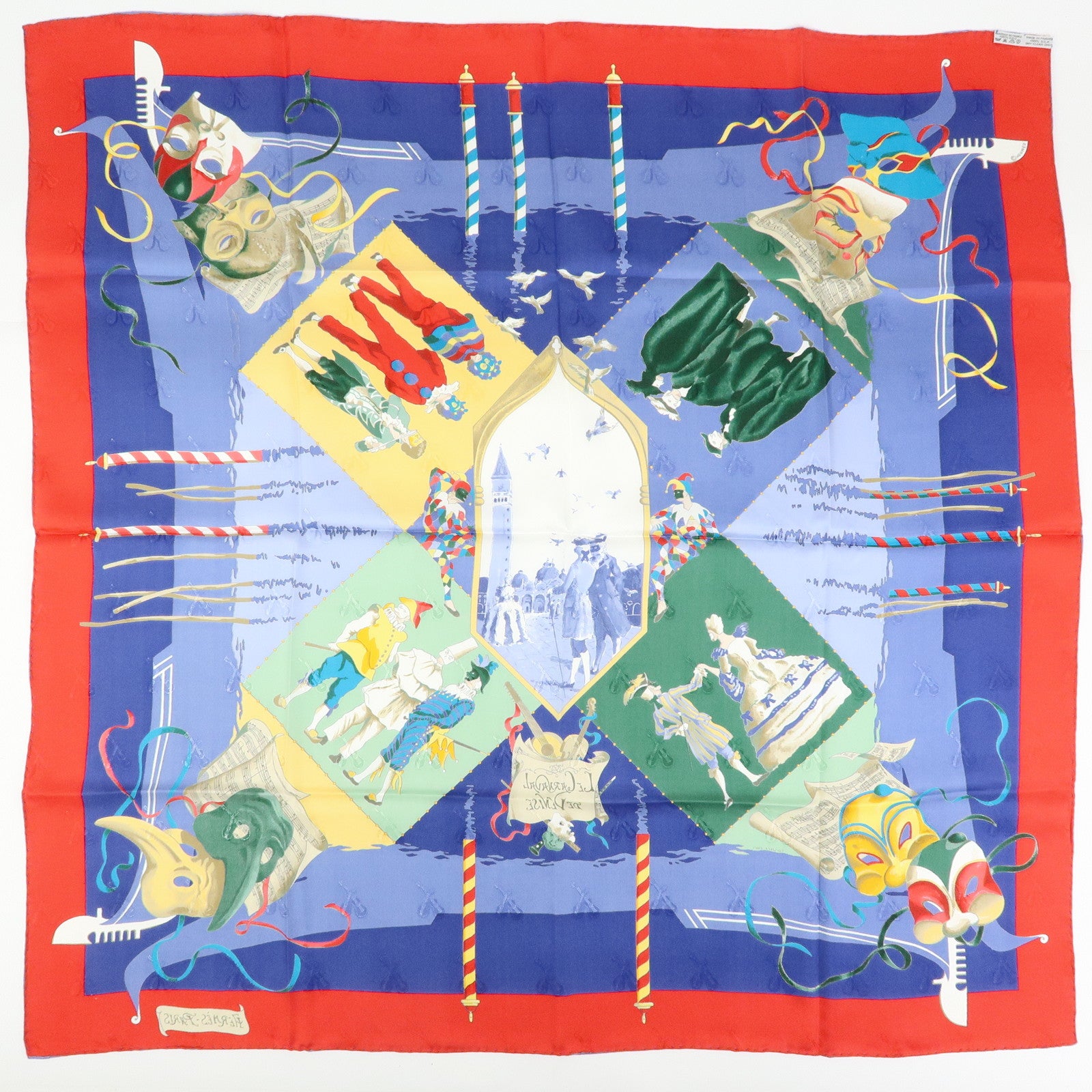 HERMES Carre 90 Silk 100% Scarf LE CARNAVAL DE VENISE Blue Red