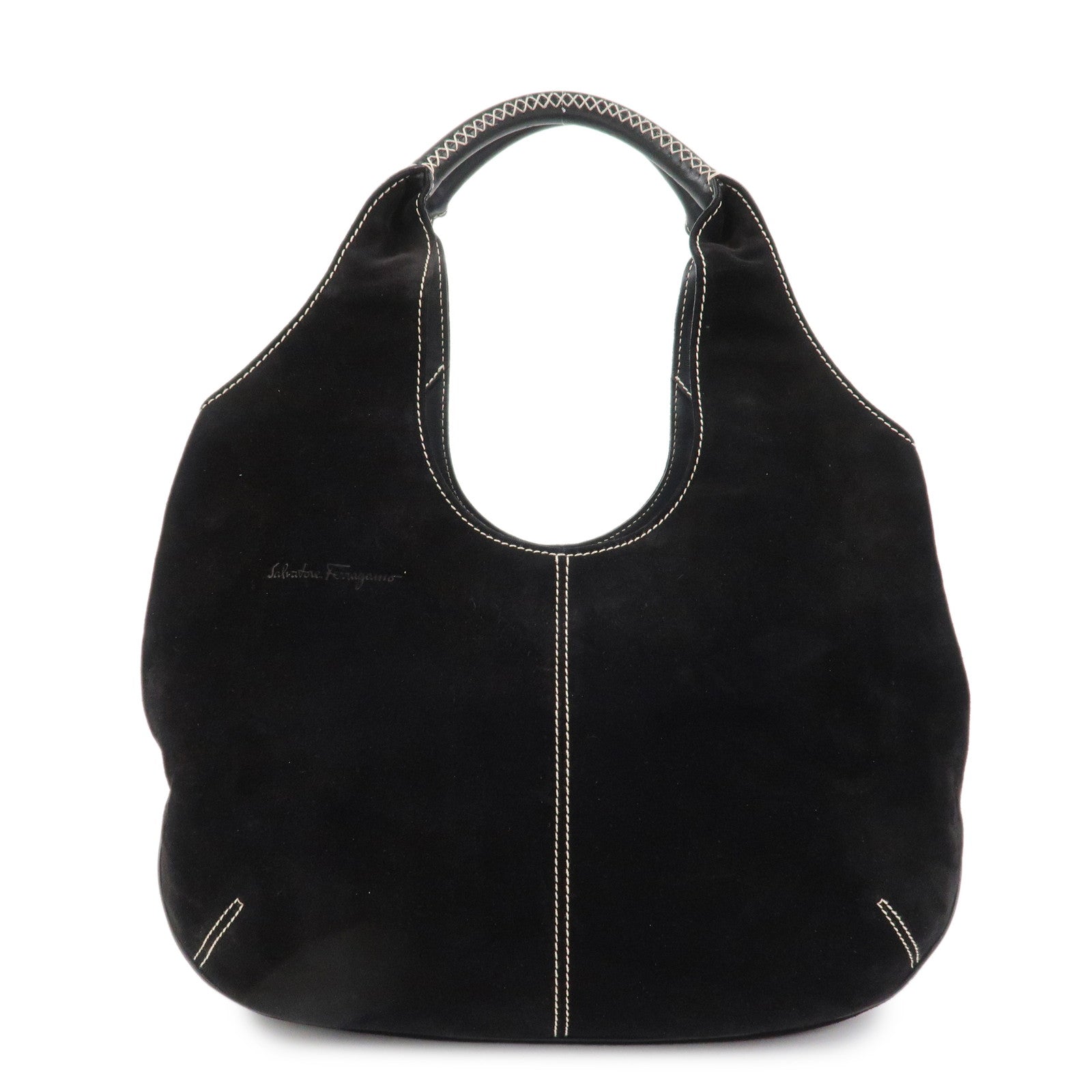 Ferragamo Suede Shoulder Bag Hand Bag Black White