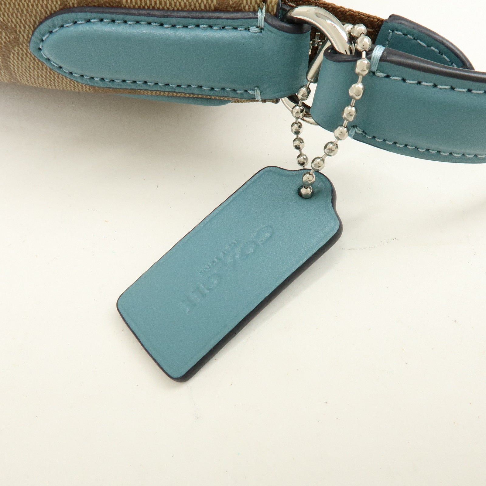 COACH Signature PVC Coated Canvas Leather Shoulder Bag Beige Blue