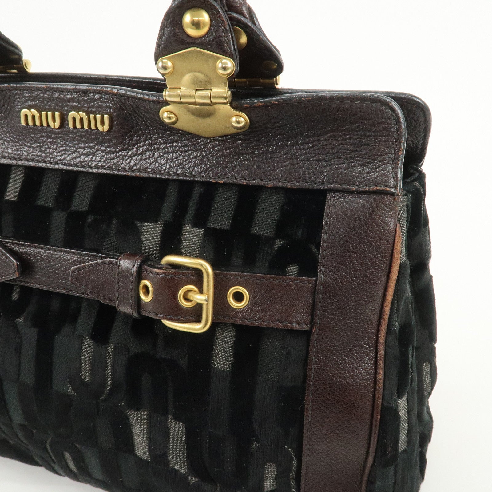 MIU MIU Logo Velour Leather Shoulder Bag Black Brown