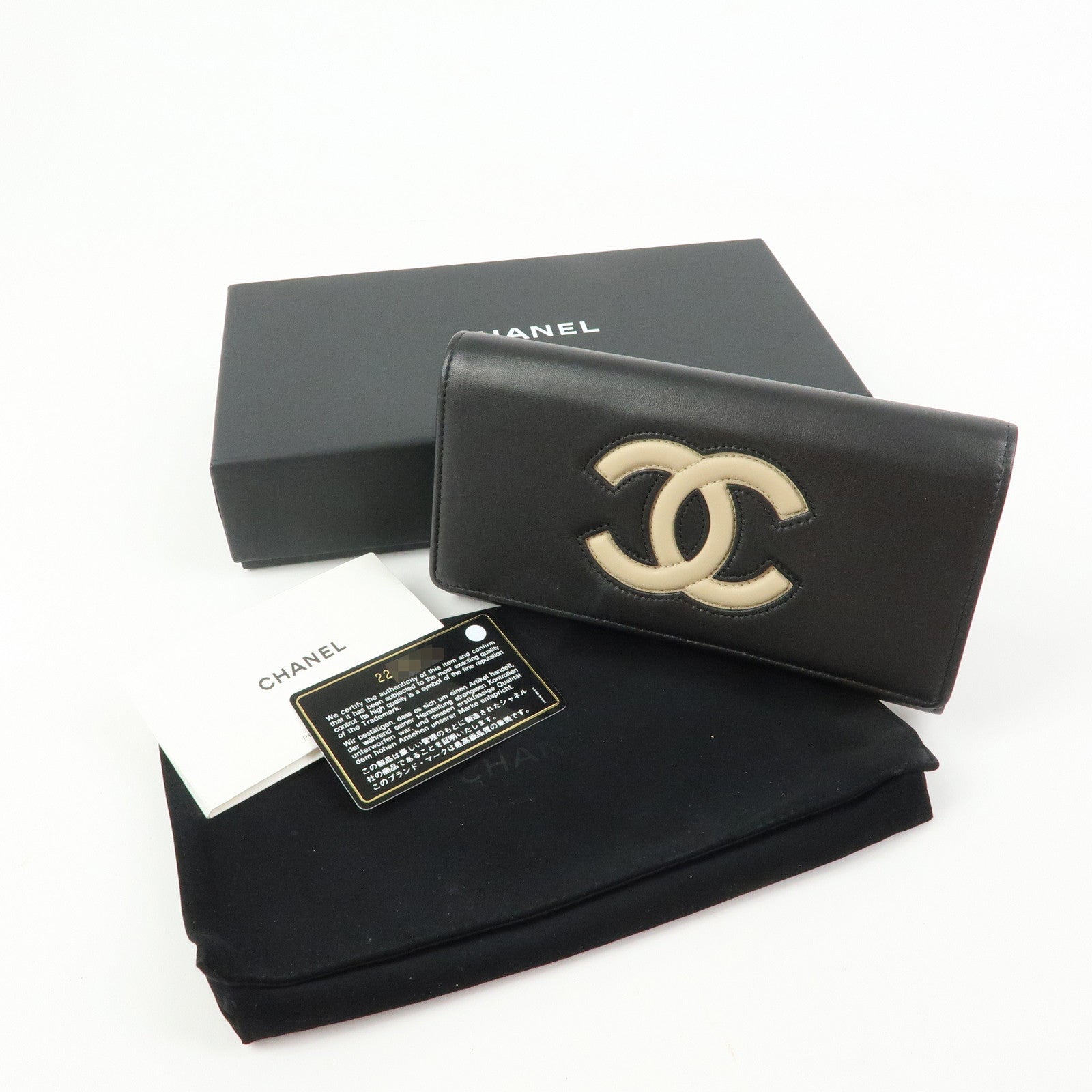 CHANEL Airline COCO Mark Lamb Skin Long Wallet Black A80896