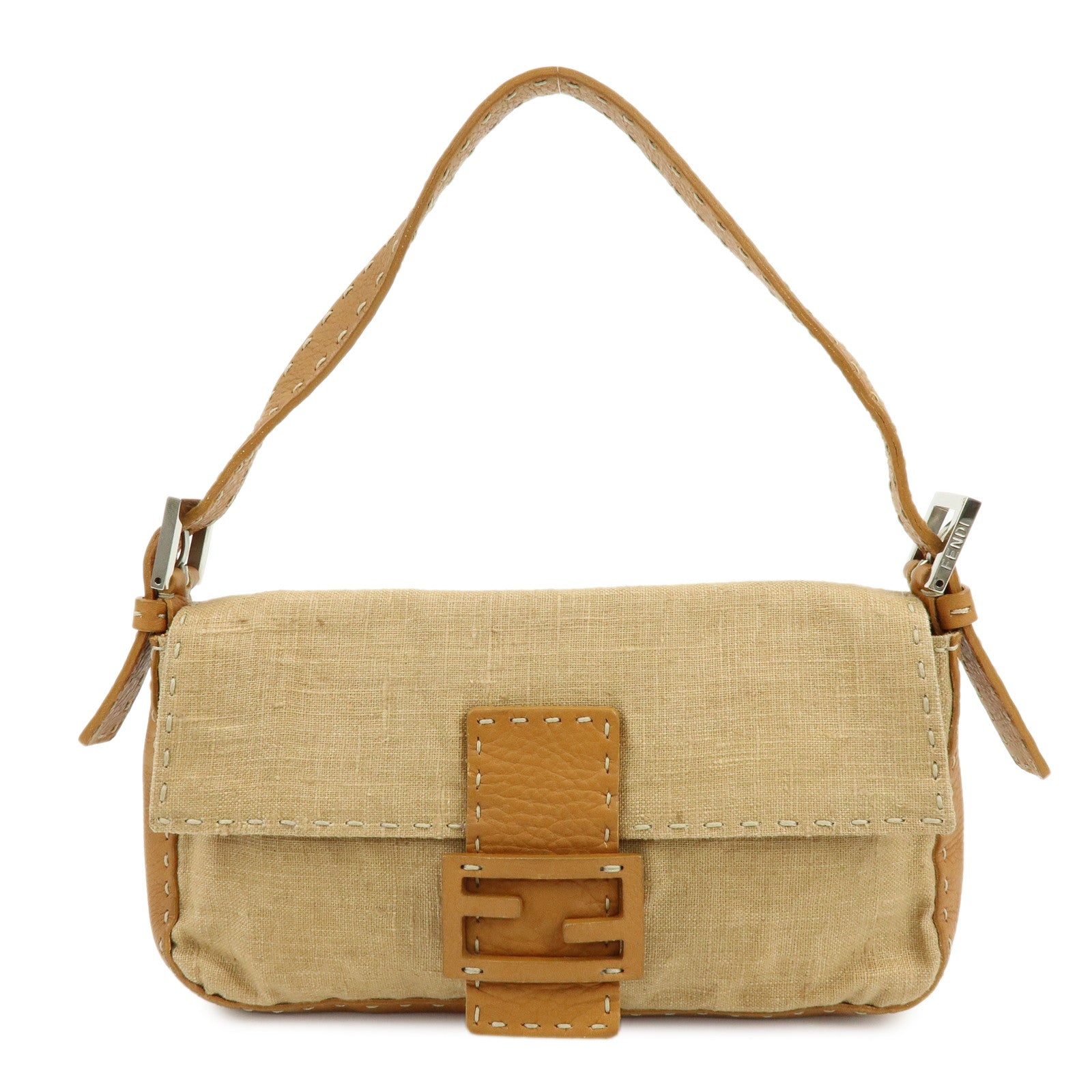 FENDI Mamma Baguette Selleria Linen Leather Shoulder Bag 8BR101