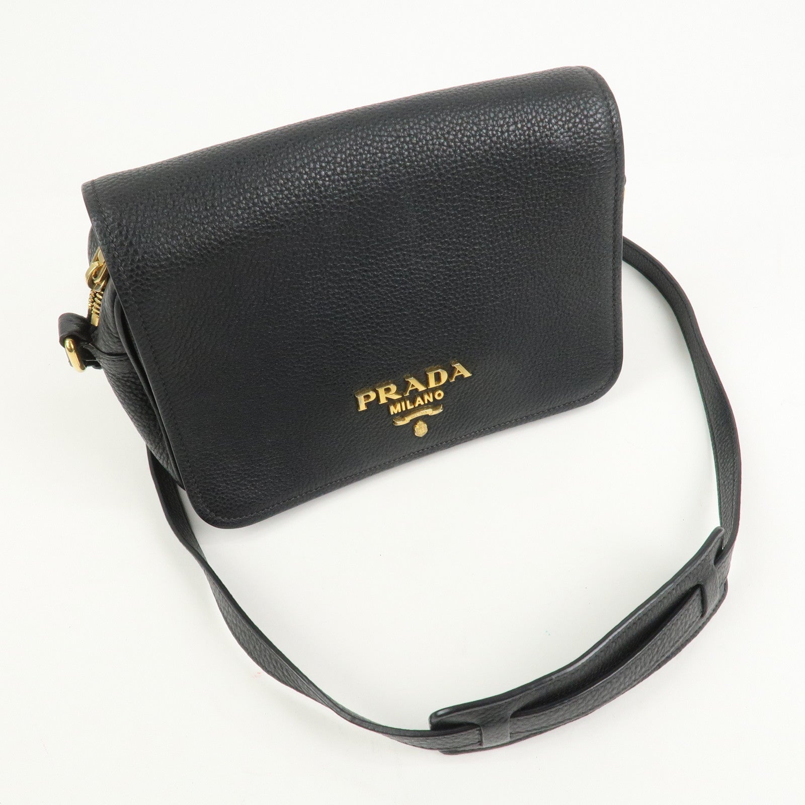 PRADA Logo Leather Shoulder Bag Black 1BD163