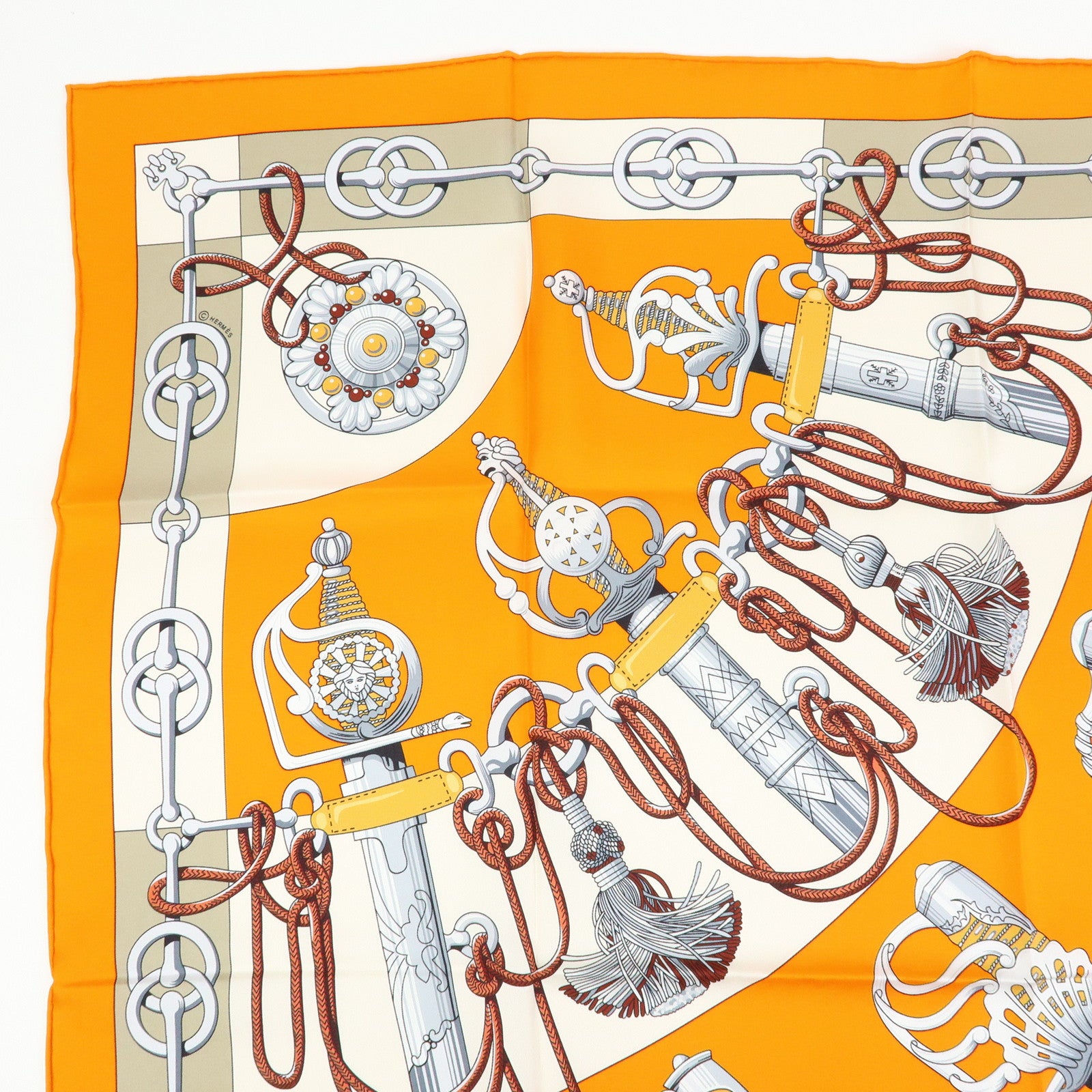 HERMES Carre 90 Silk 100% Scarf Cliquetis Orange Gray