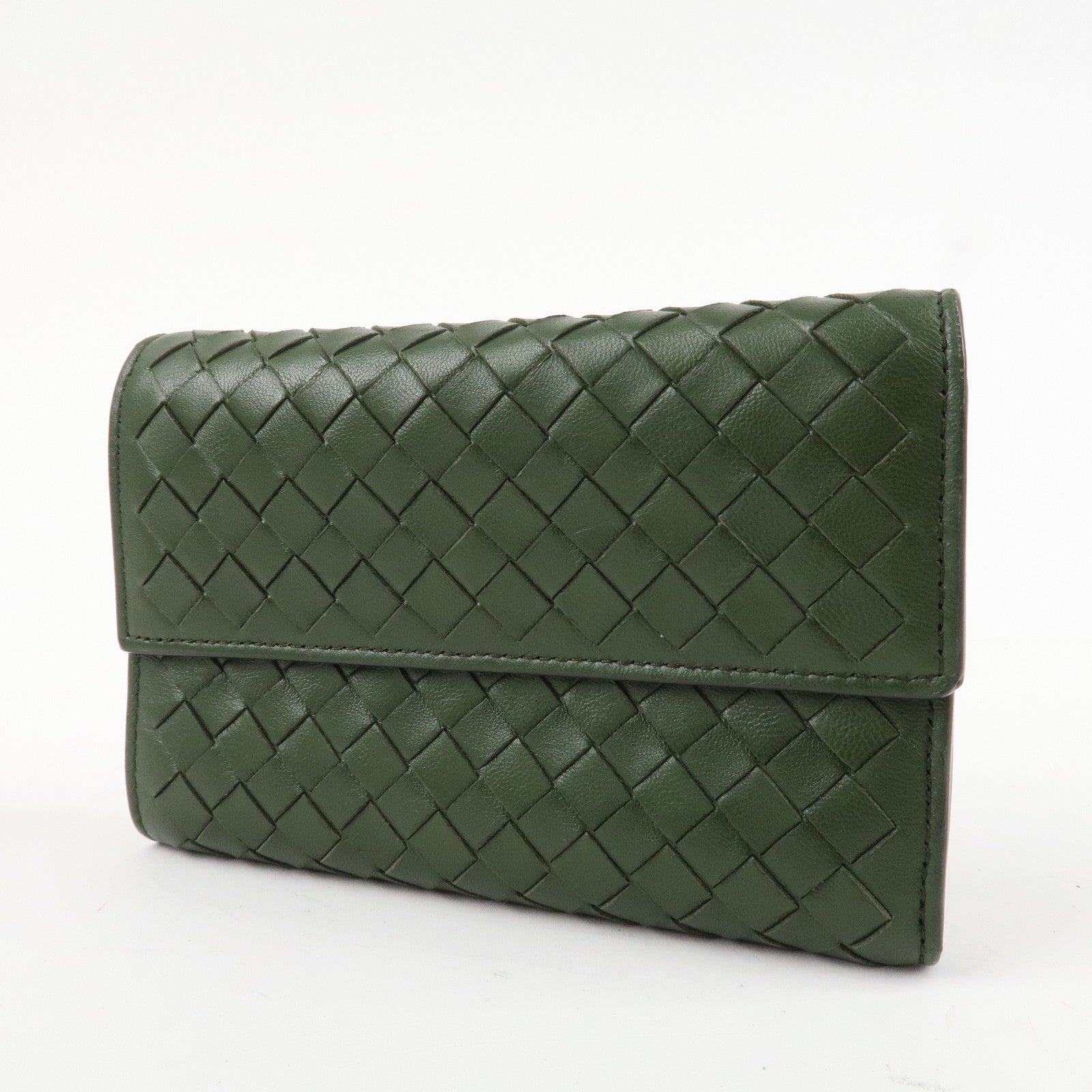 BOTTEGA VENETA Intrecciato Leather Tri-fold Wallet Dark Green Used